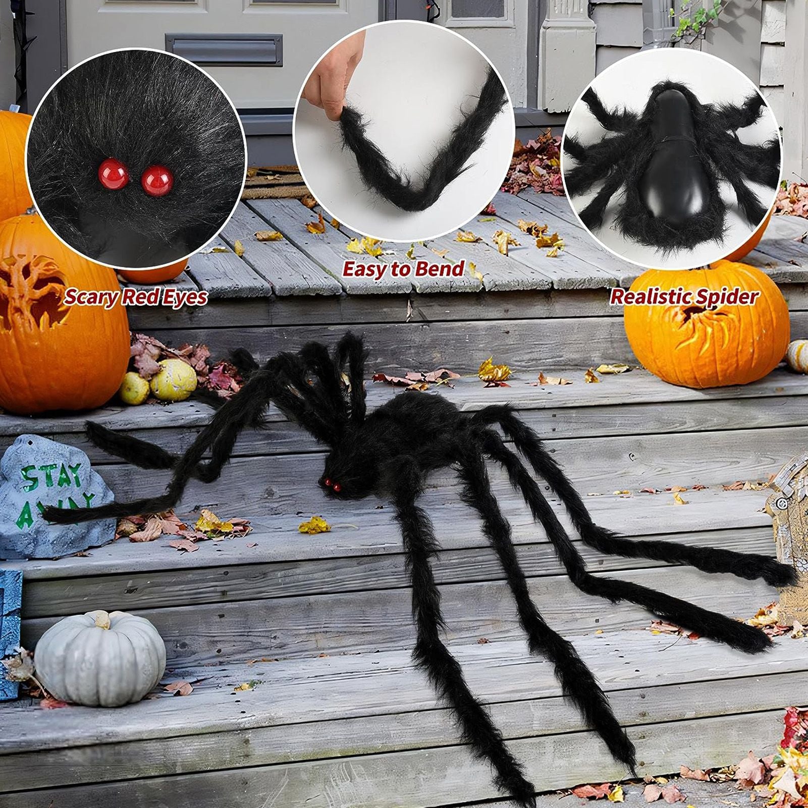 Giant Fake Spider Lifelike Halloween Posable Black Soft Hairy Fake Spiders Scary Decorations for Yard Home 125cm