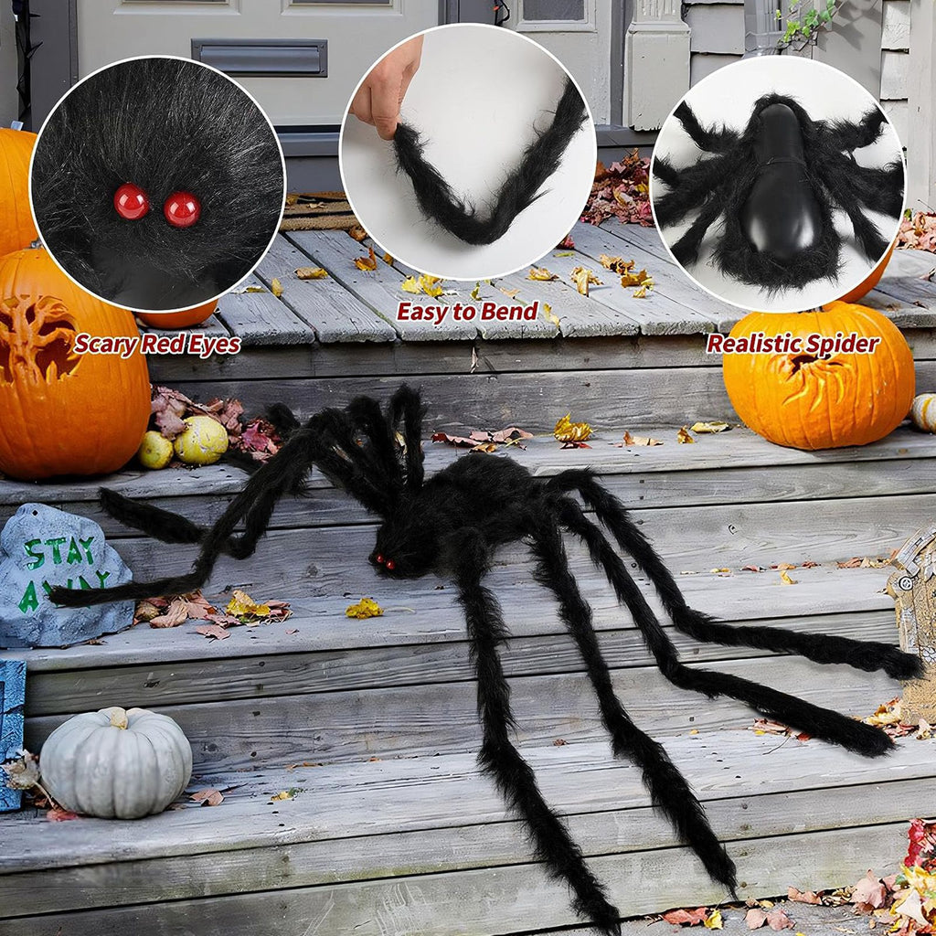 Giant Fake Spider Lifelike Halloween Posable Black Soft Hairy Fake Spiders Scary Decorations for Yard Home 200cm