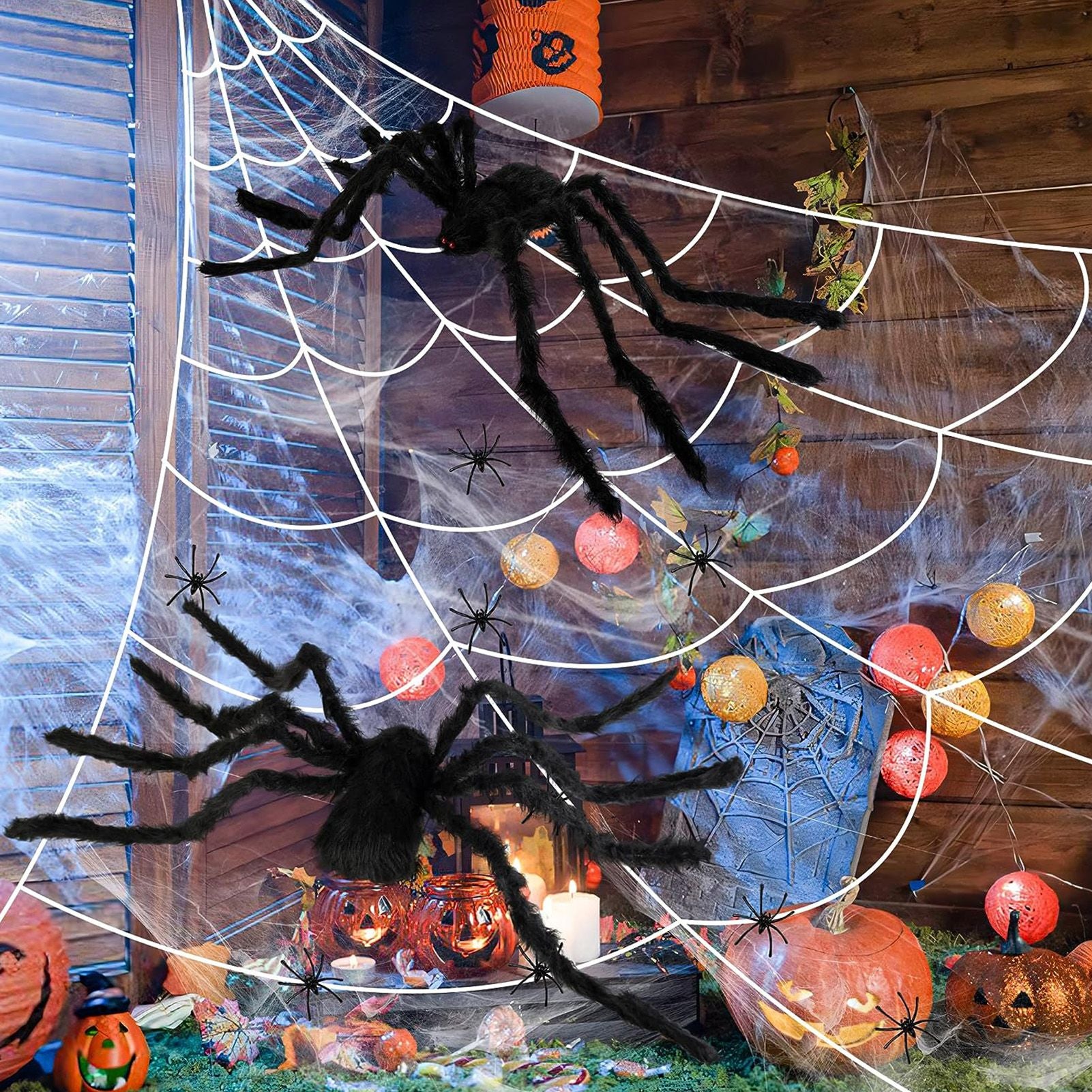 Giant Fake Spider Lifelike Halloween Posable Black Soft Hairy Fake Spiders Scary Decorations for Yard Home 200cm