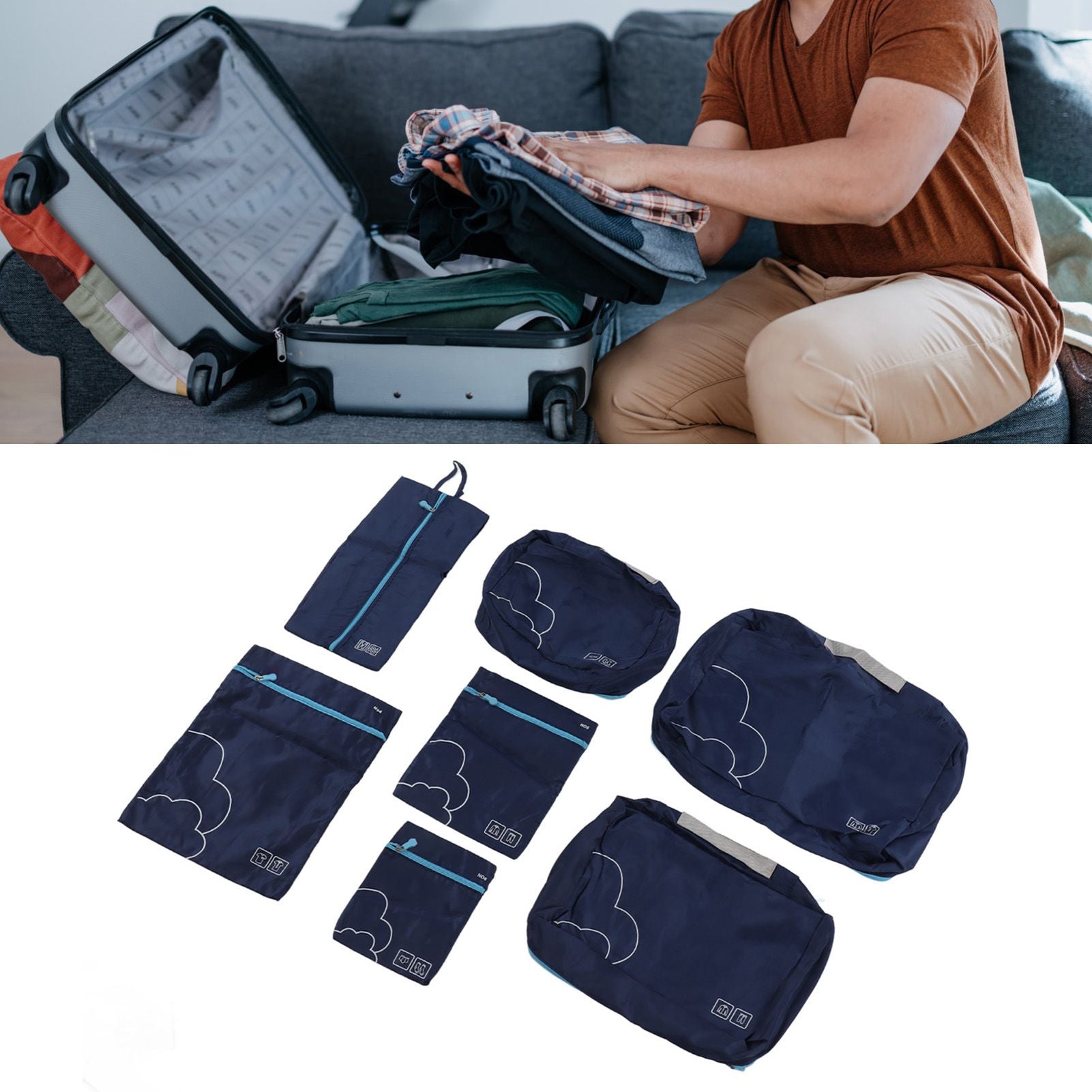 7 Pcs Luggage Packing Bags Polyester Waterproof Luggage Packing Cubes for Business Trip Travel Navy Blue
