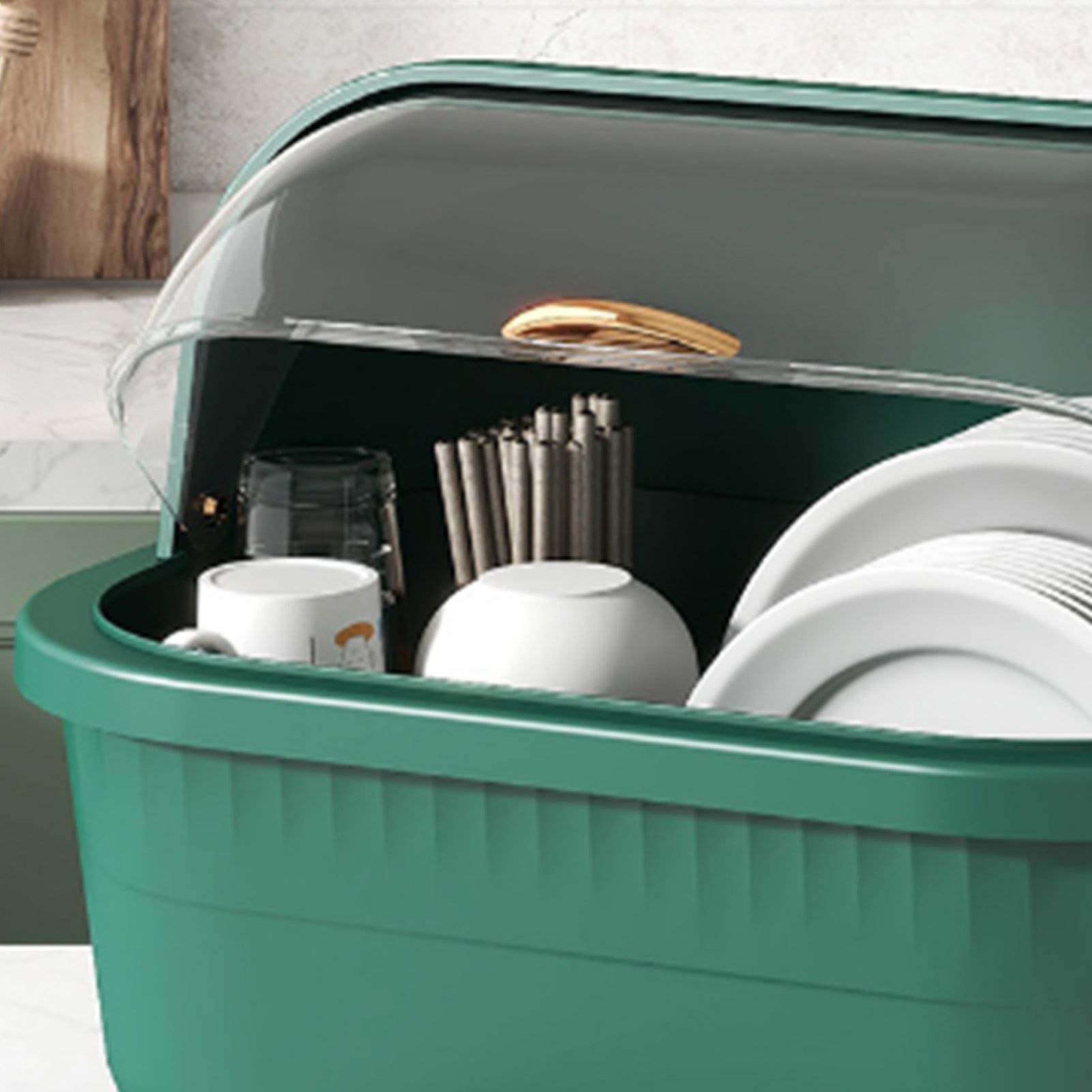 Dish Drying Box Multifunctional Space Saving Dish Drainer with Lid Cover for Kitchen Accessories Green M