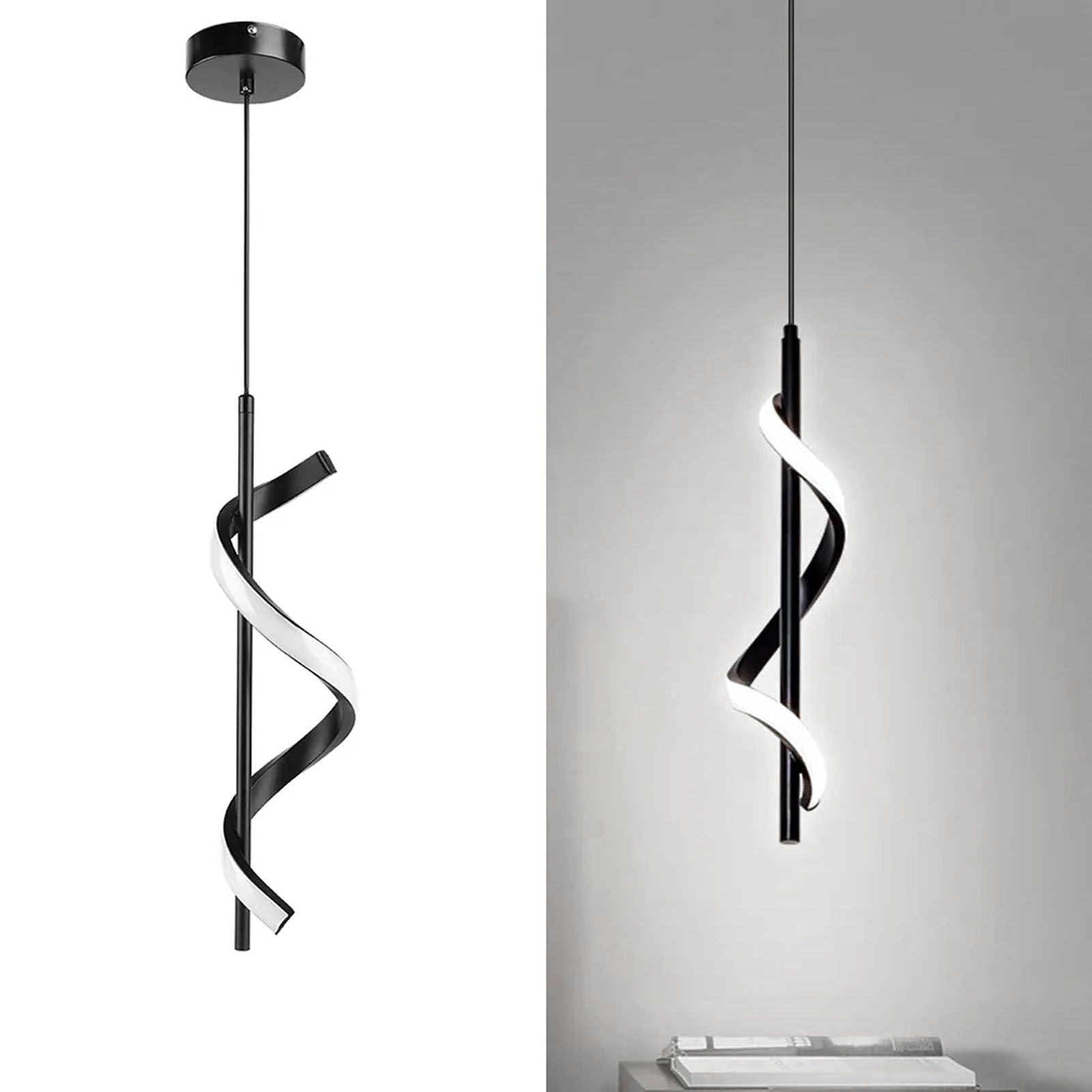 Spiral LED Pendant Light Black Glareless Bright Eyes Protection LED Hanging Lamp for Living Room Cafe Family 85‑265V White Light
