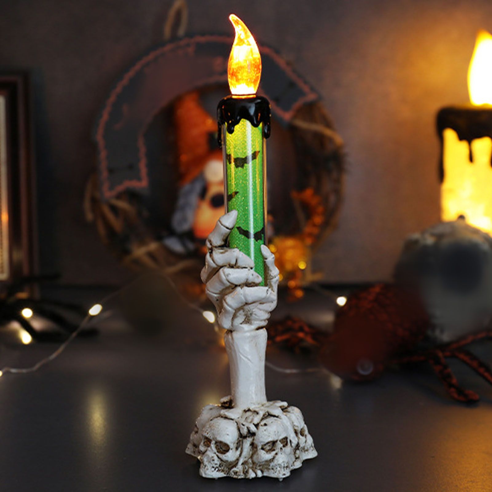 Halloween Skull Candle Holder Light Skeleton Ghost Hand Flameless Candle Lamp Party Bar Decoration Lamp Green