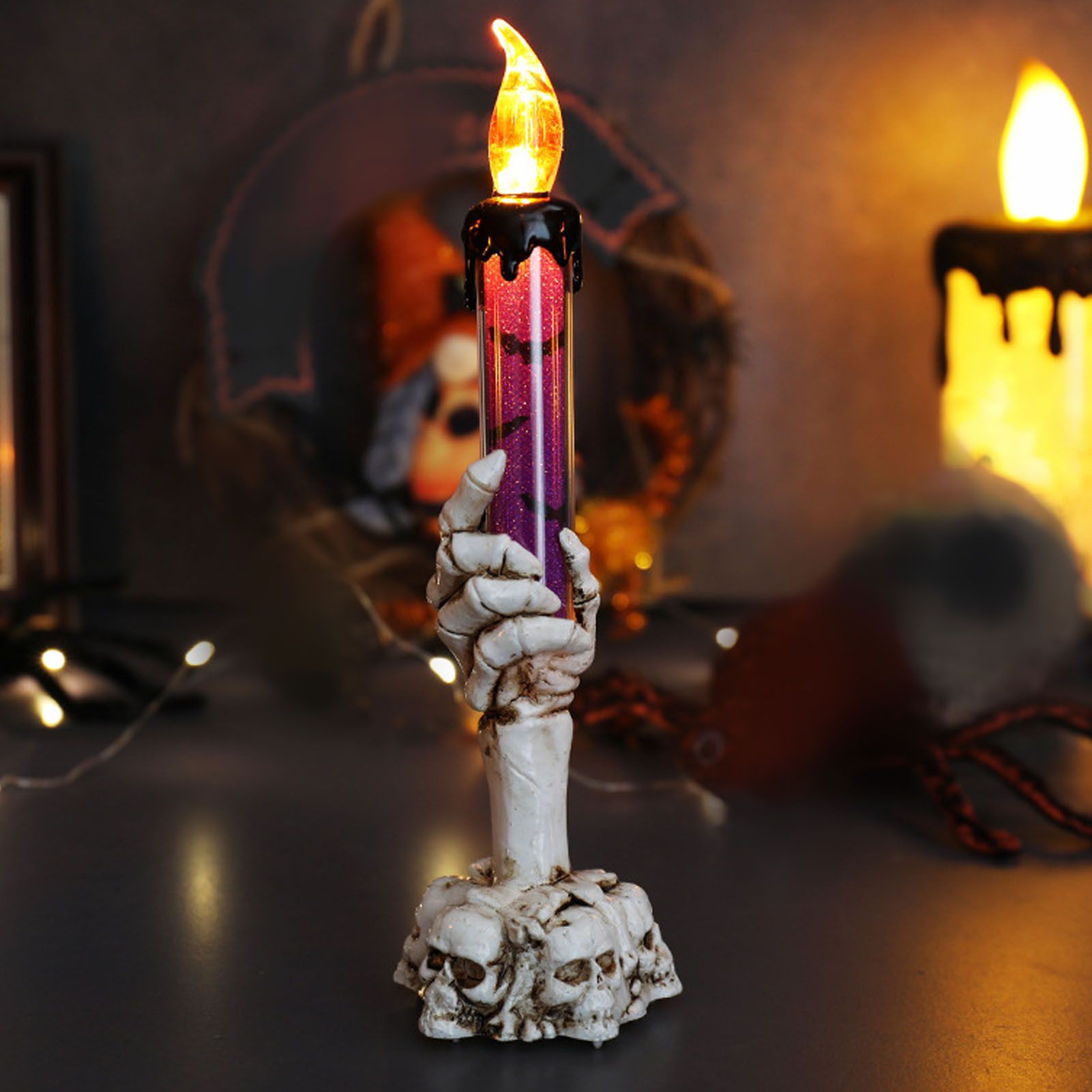 Halloween Skull Candle Holder Light Skeleton Ghost Hand Flameless Candle Lamp Party Bar Decoration Lamp Purple