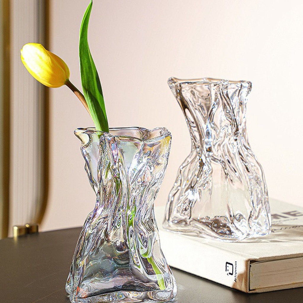 Pleated Glass Vase Light Luxury Hydroponic Vase Living Room Dining Table Dried Flower Vase Flower Arrangement Ornaments