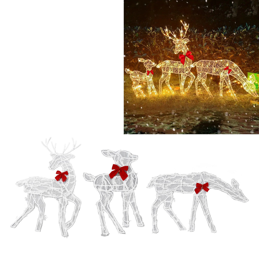 3 Piece Lighted Christmas Deer Family Set Outdoor Yard Decoration with LED Lights Red Bows Mother Child Reindeer Garden Decor