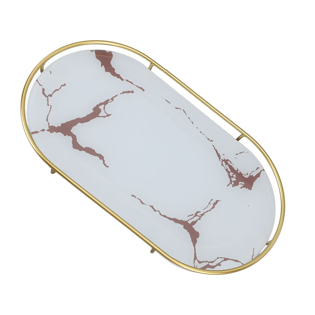 Bathroom Storage Tray Light Luxury Decorative Golden Texture Oval Bathroom Organiser Tray for Soap Towel Paper Napkins Jewellery Makeup White Base