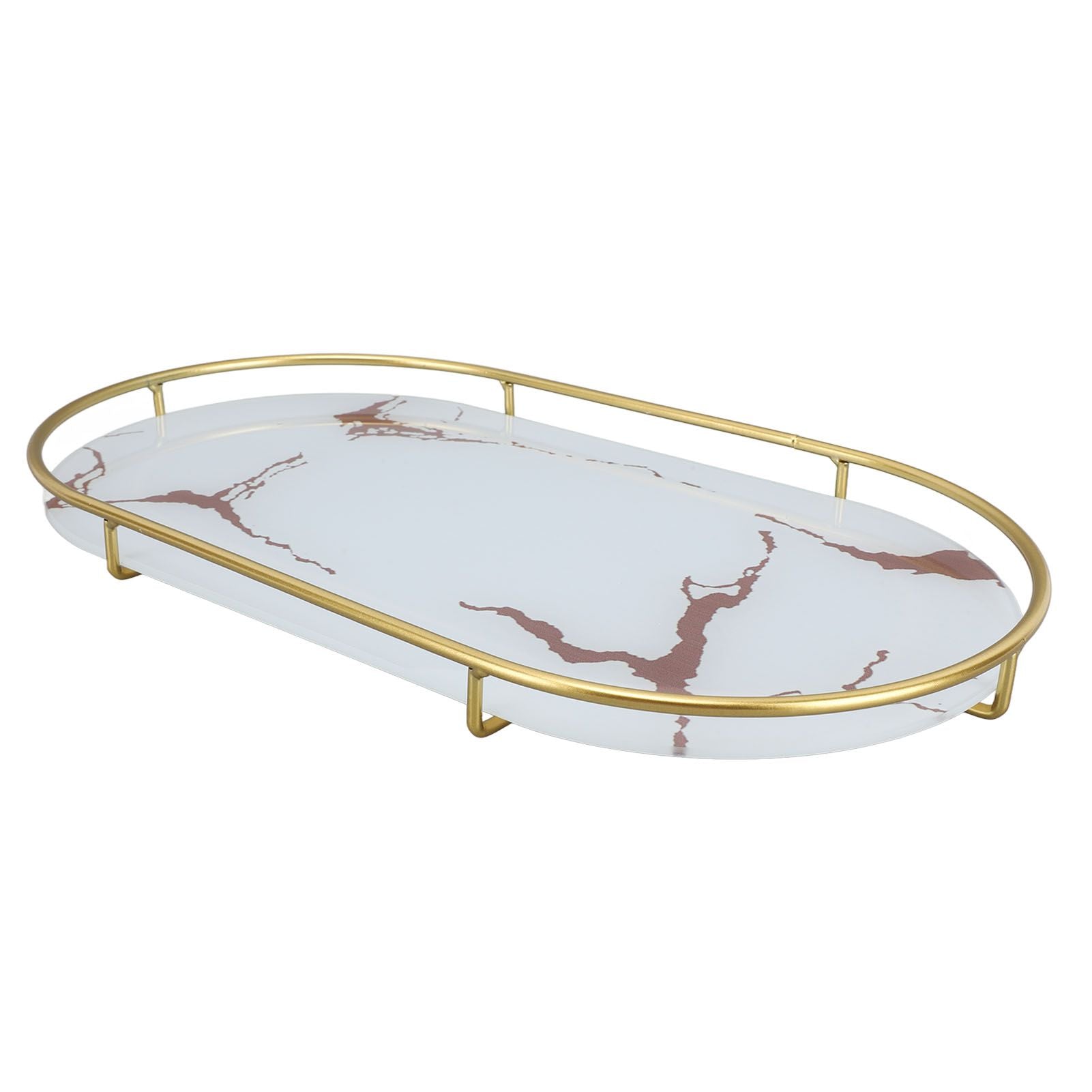 Bathroom Storage Tray Light Luxury Decorative Golden Texture Oval Bathroom Organiser Tray for Soap Towel Paper Napkins Jewellery Makeup White Base