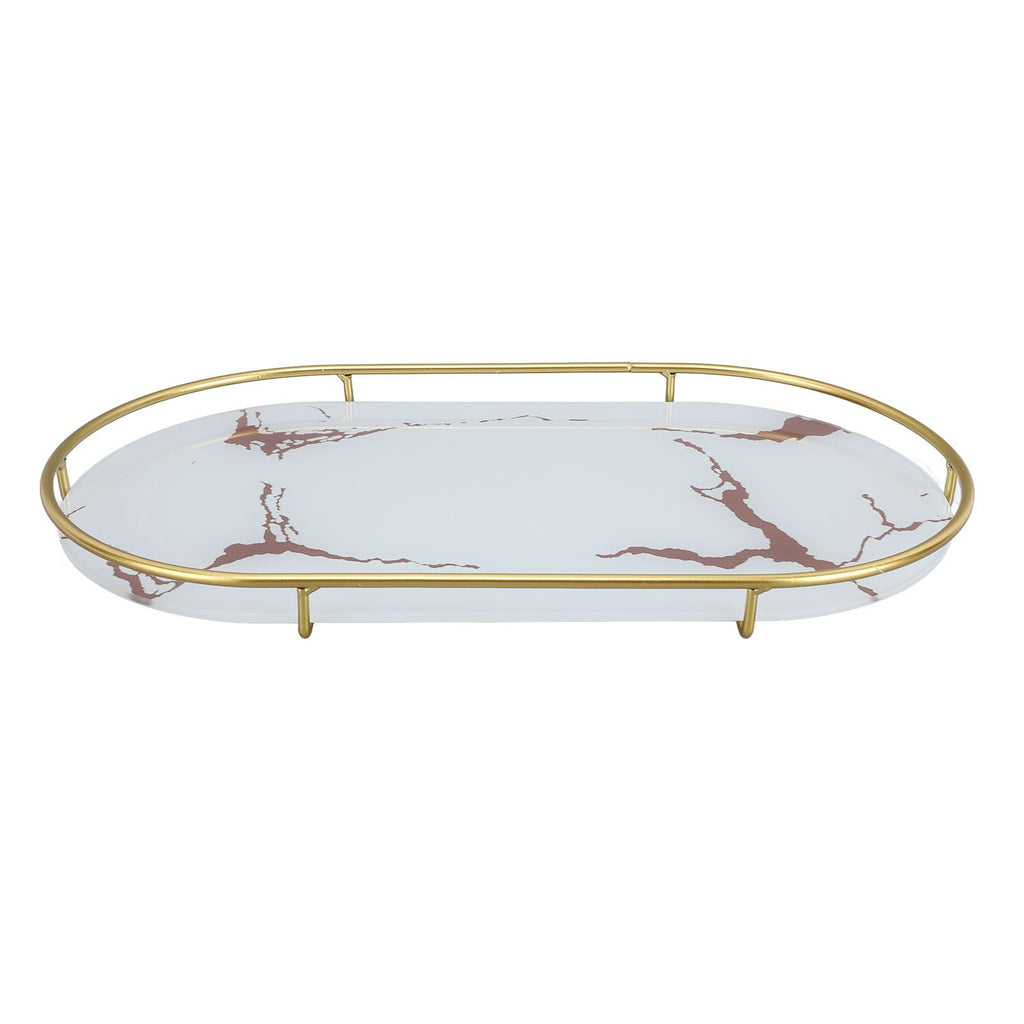 Bathroom Storage Tray Light Luxury Decorative Golden Texture Oval Bathroom Organiser Tray for Soap Towel Paper Napkins Jewellery Makeup White Base