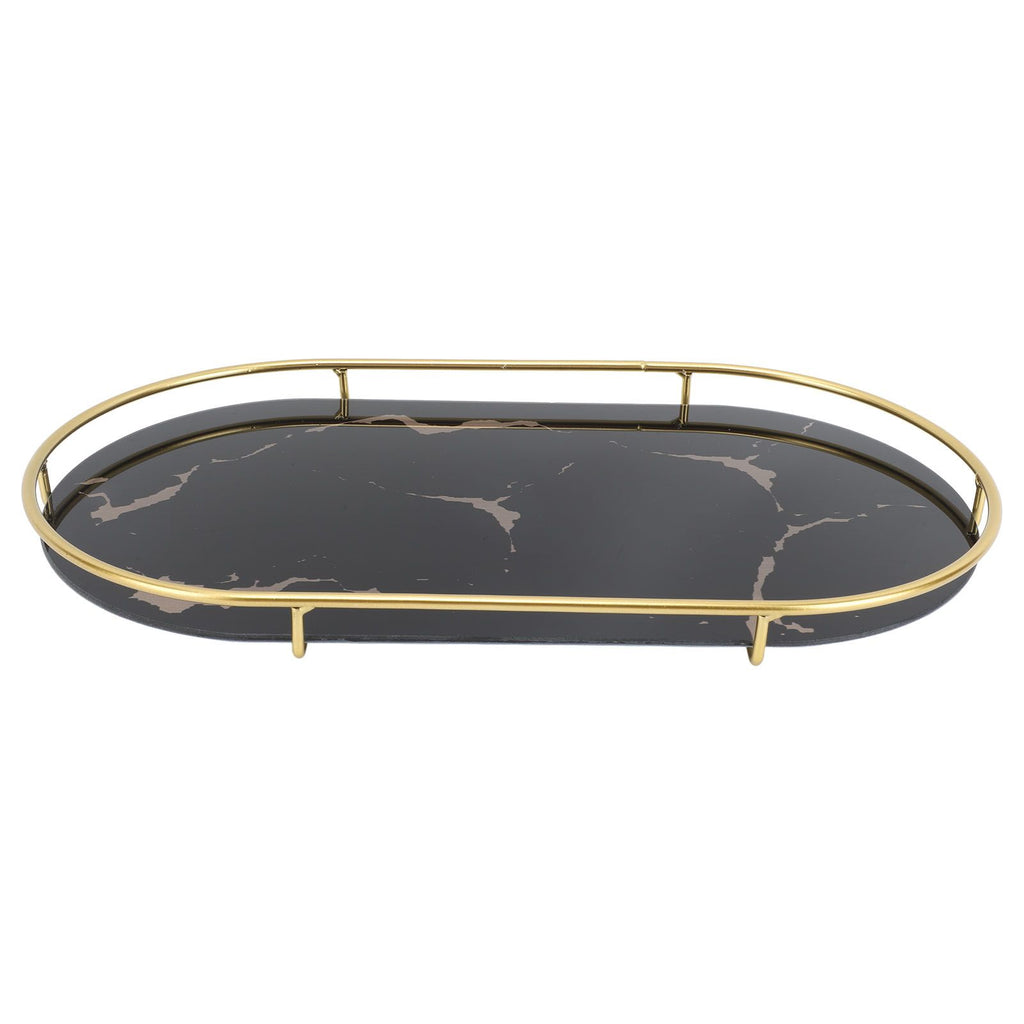 Bathroom Storage Tray Light Luxury Decorative Golden Texture Oval Bathroom Organiser Tray for Soap Towel Paper Napkins Jewellery Makeup Black Base