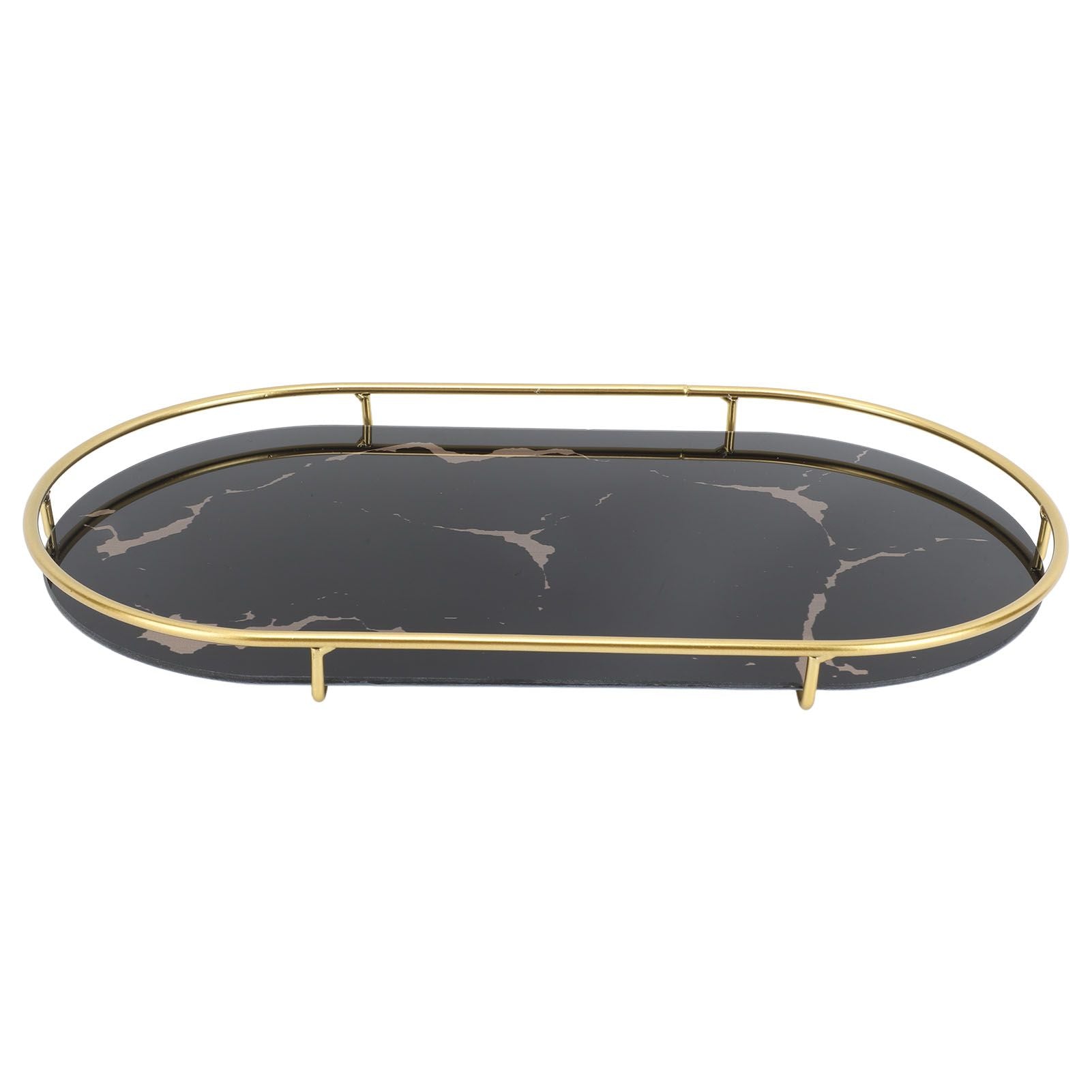 Bathroom Storage Tray Light Luxury Decorative Golden Texture Oval Bathroom Organiser Tray for Soap Towel Paper Napkins Jewellery Makeup Black Base