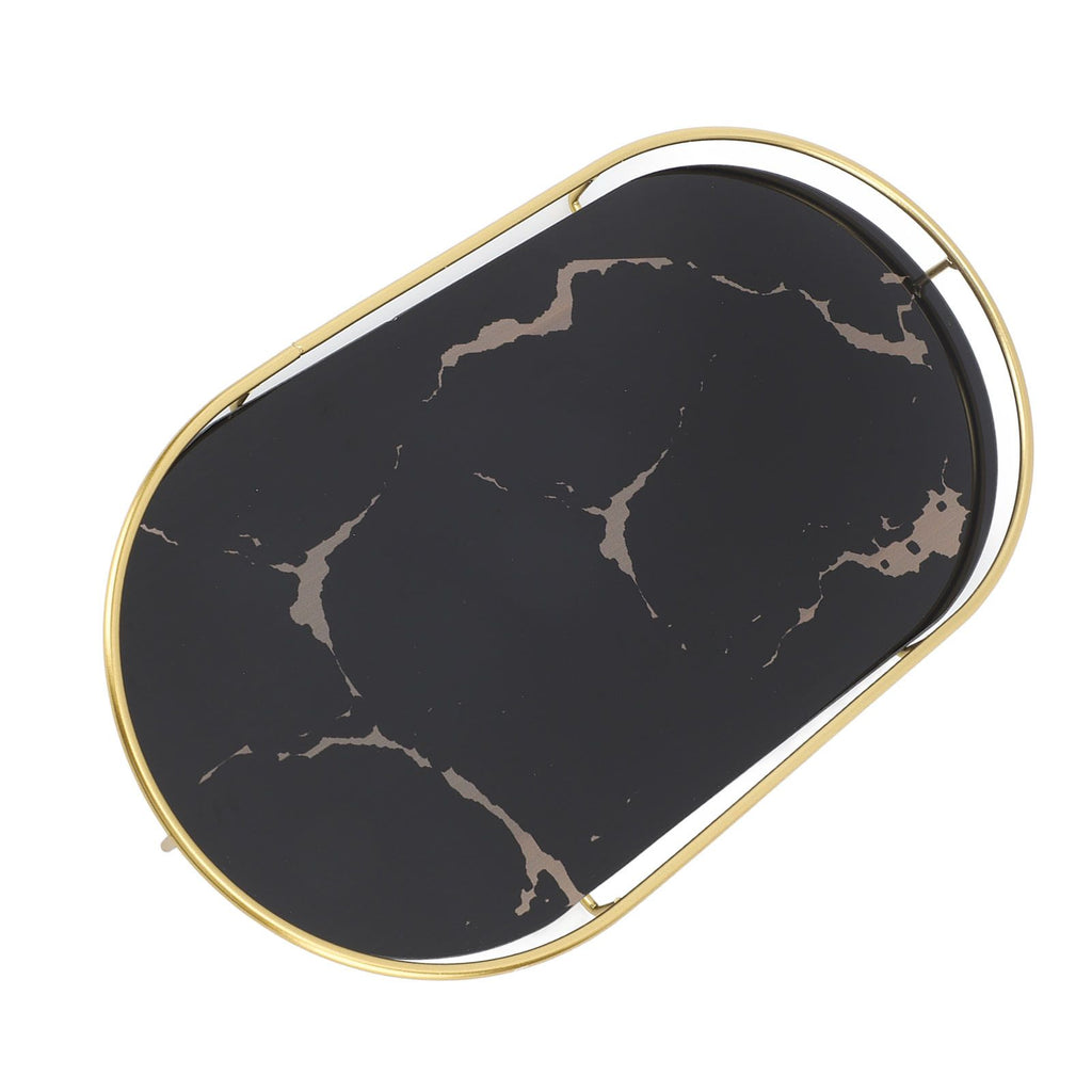 Bathroom Storage Tray Light Luxury Decorative Golden Texture Oval Bathroom Organiser Tray for Soap Towel Paper Napkins Jewellery Makeup Black Base