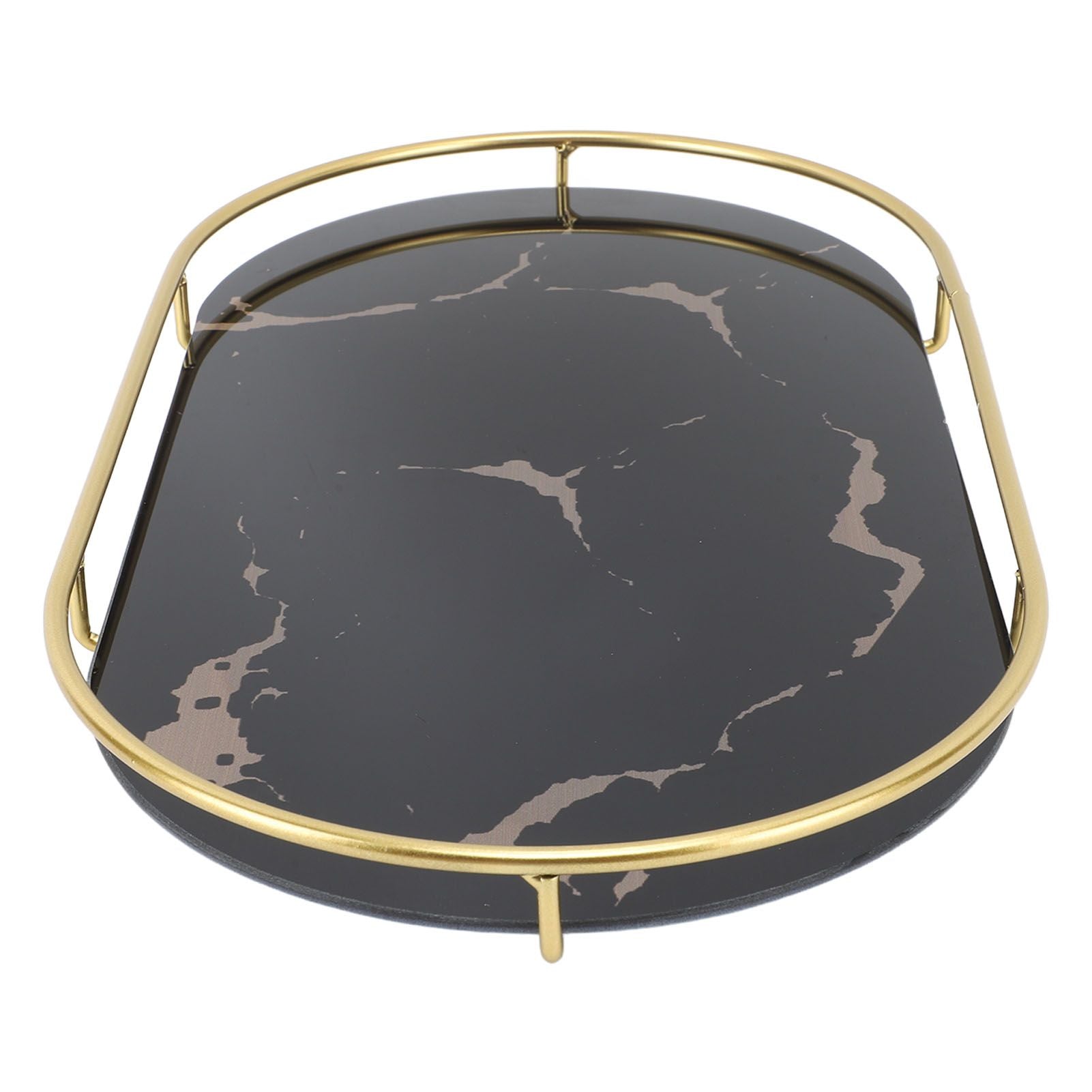 Bathroom Storage Tray Light Luxury Decorative Golden Texture Oval Bathroom Organiser Tray for Soap Towel Paper Napkins Jewellery Makeup Black Base
