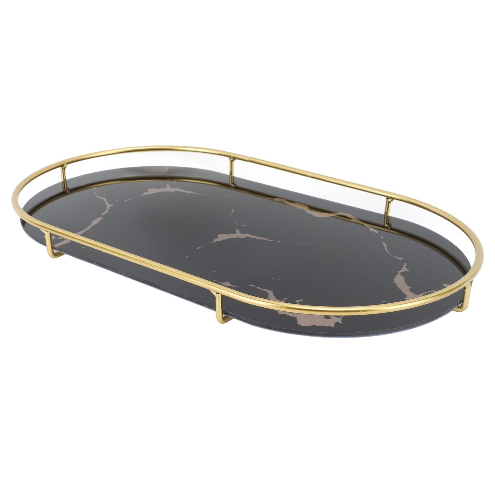 Bathroom Storage Tray Light Luxury Decorative Golden Texture Oval Bathroom Organiser Tray for Soap Towel Paper Napkins Jewellery Makeup Black Base