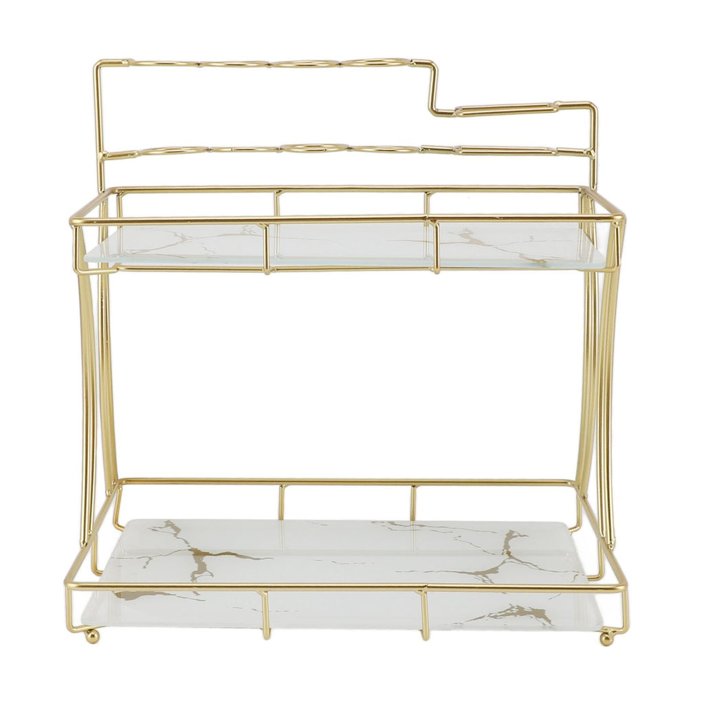 Countertop Storage Rack Double Layer Waterproof Counter Organizer Shelf with Electric Toothbrush Holder for Bathroom White Background Gold Grain