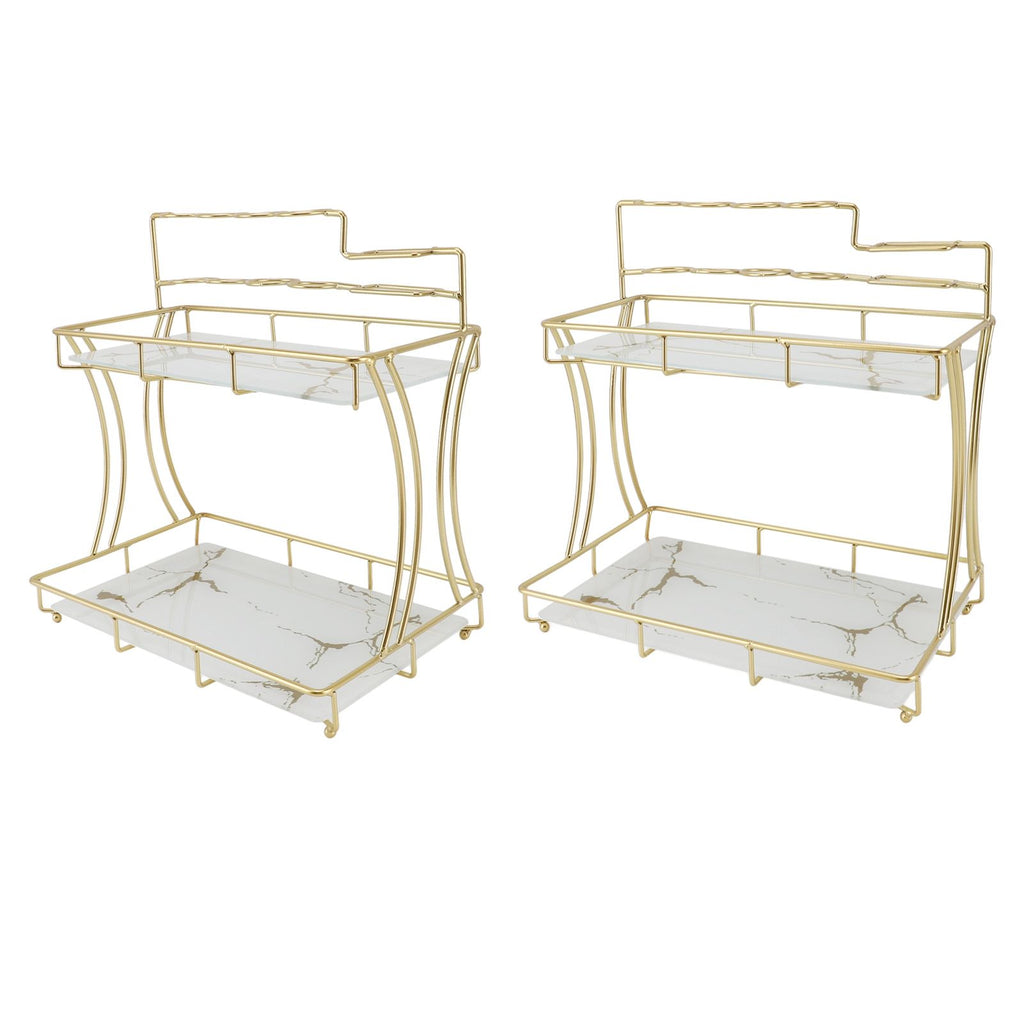 Countertop Storage Rack Double Layer Waterproof Counter Organizer Shelf with Electric Toothbrush Holder for Bathroom White Background Gold Grain