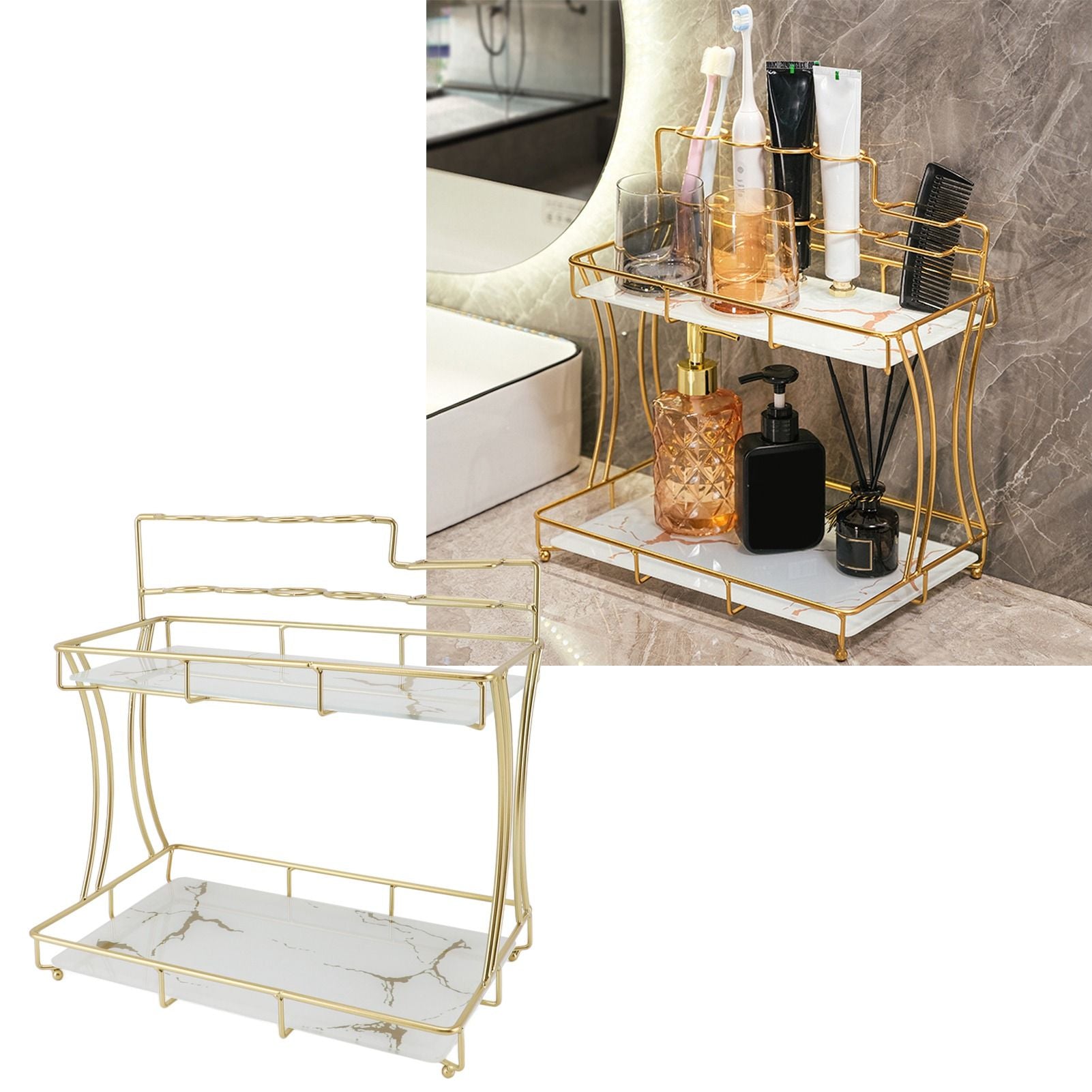 Countertop Storage Rack Double Layer Waterproof Counter Organizer Shelf with Electric Toothbrush Holder for Bathroom White Background Gold Grain