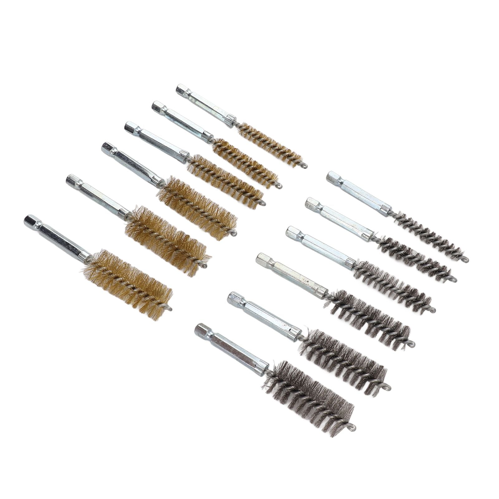12PCS Bore Brush Copper and Iron 304 Stainless Steel Bristles Wire Brush for Power Drill with Hex Shank Handle