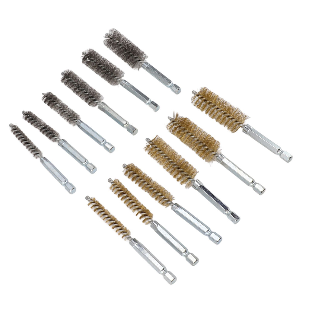 12PCS Bore Brush Copper and Iron 304 Stainless Steel Bristles Wire Brush for Power Drill with Hex Shank Handle