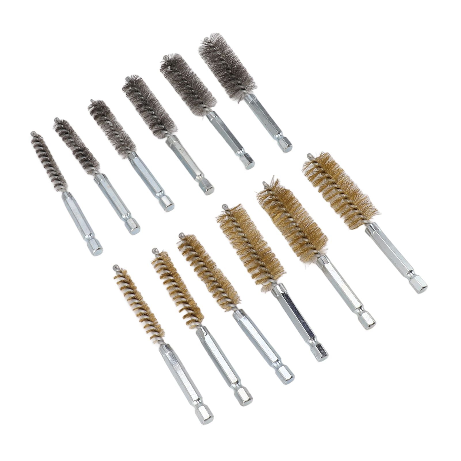 12PCS Bore Brush Copper and Iron 304 Stainless Steel Bristles Wire Brush for Power Drill with Hex Shank Handle