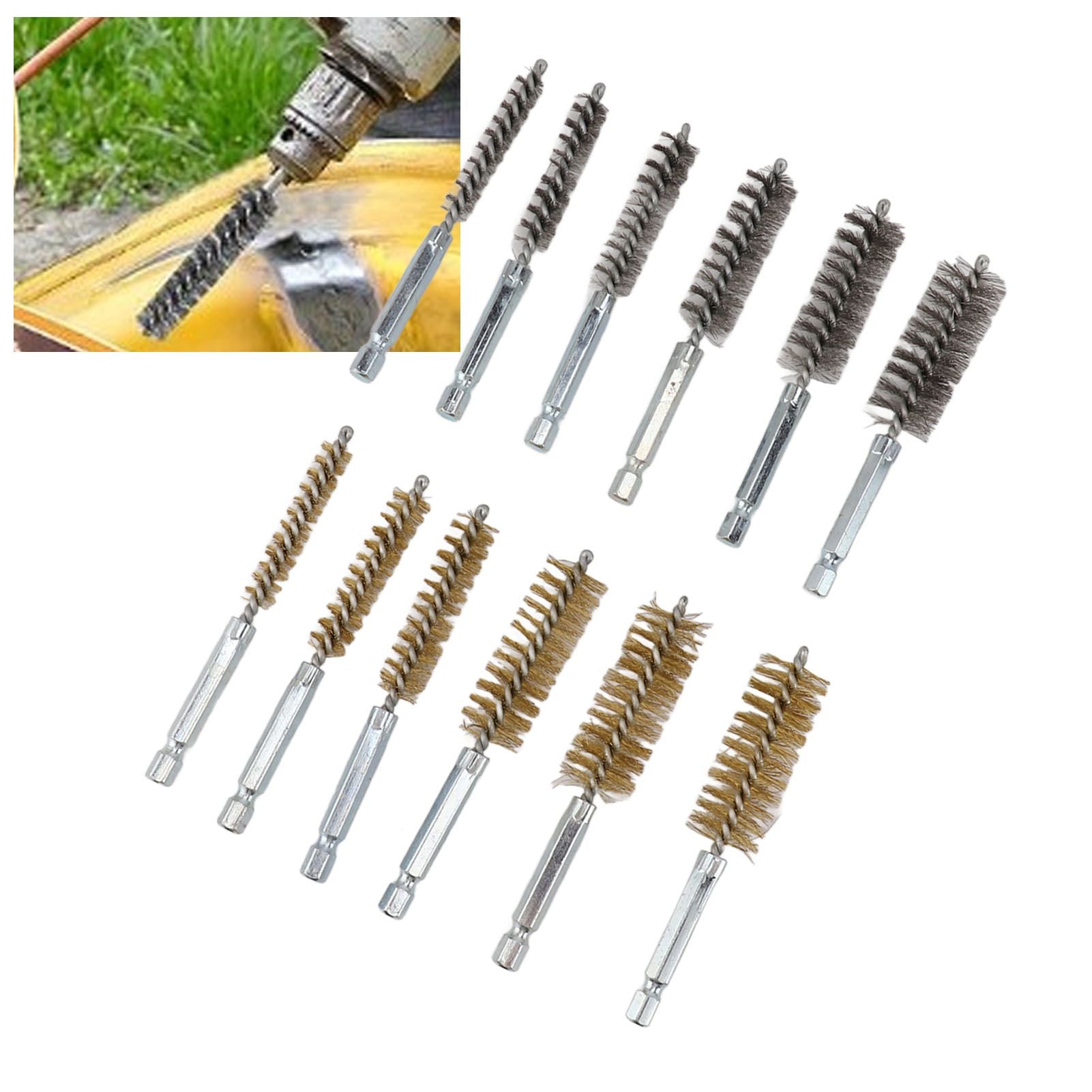 12PCS Bore Brush Copper and Iron 304 Stainless Steel Bristles Wire Brush for Power Drill with Hex Shank Handle