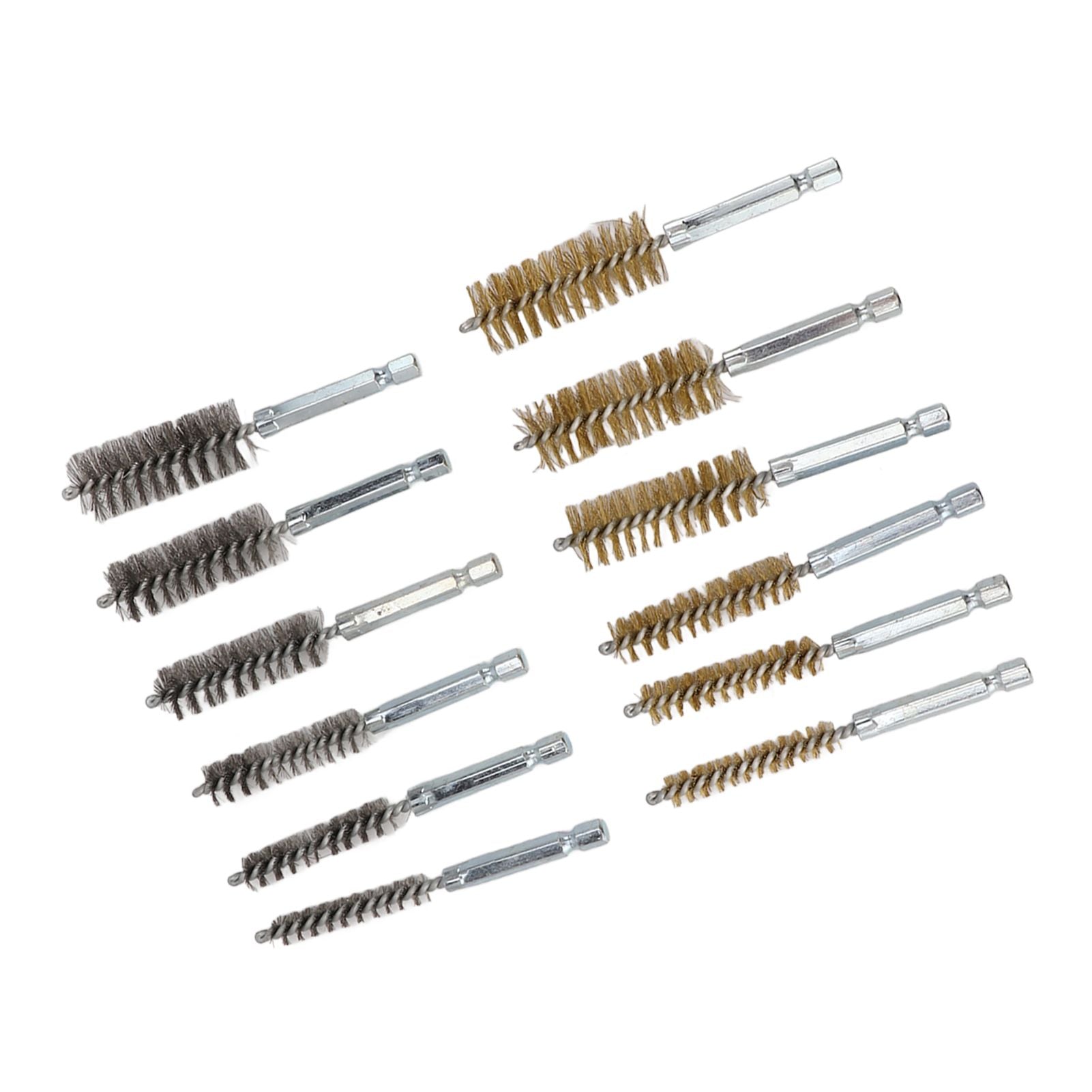 12PCS Bore Brush Copper and Iron 304 Stainless Steel Bristles Wire Brush for Power Drill with Hex Shank Handle