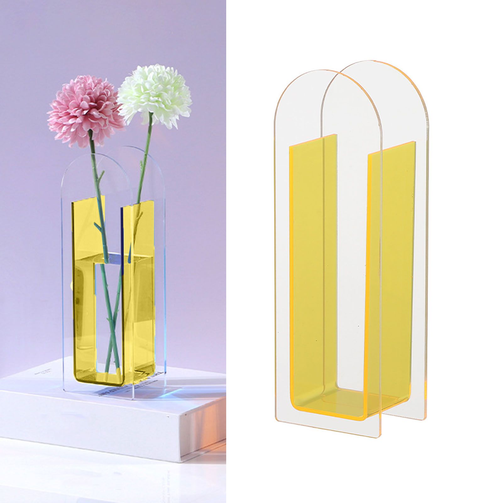 Modern Acrylic Clear Vase Colorful Acrylic Flower Vase for Wedding Party Home Table Decor Semi Colorful Lemon Yellow