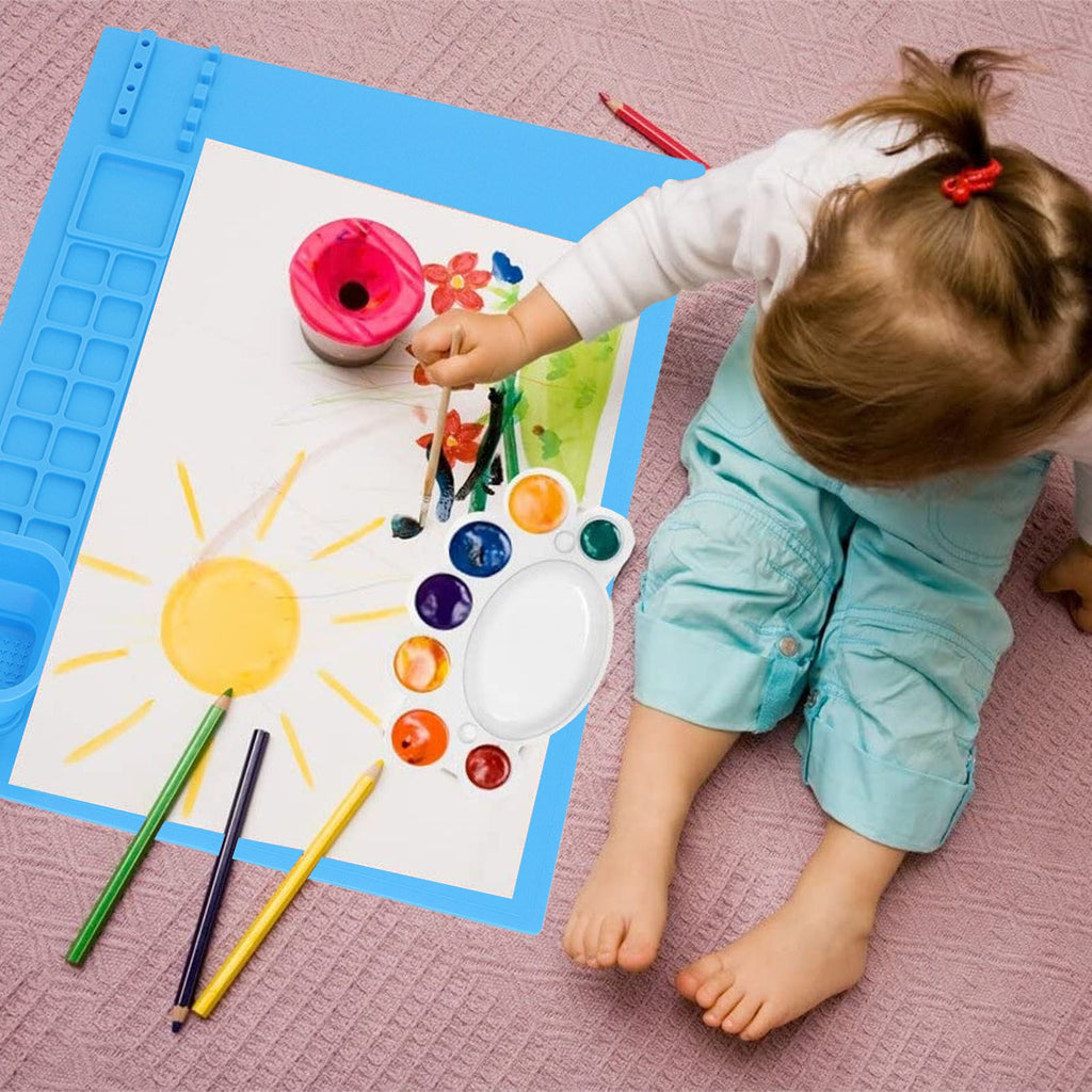 Silicone Painting Mat with Cup DIY Cultivate Artistic Talent Easy To Wipe Silicone Art Mat for Boys Girls Art Supplies Blue