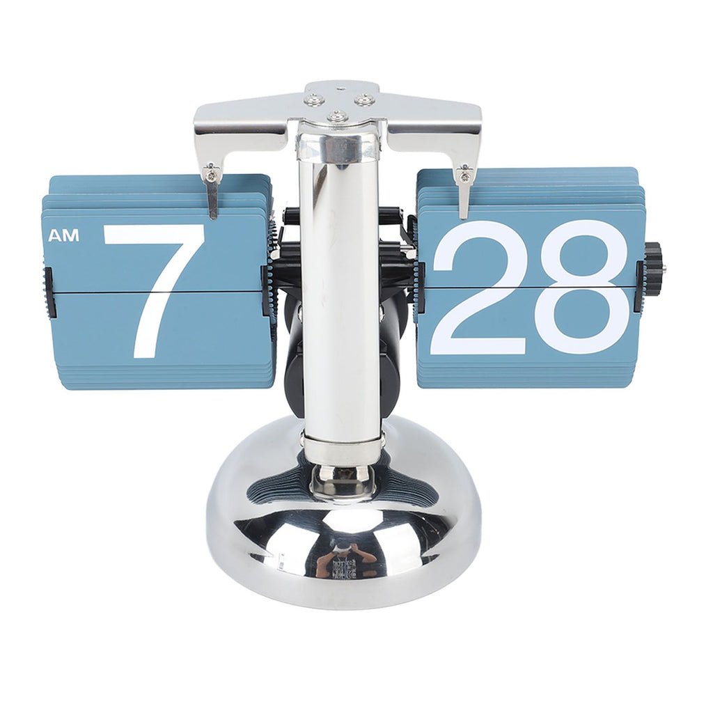 European Style Retro Digital Flip Down Clock 304 Stainless Steel Auto Mechanical Digital Flip Desk Clock for Home Livingroom 12 Hours Single Leg Blue