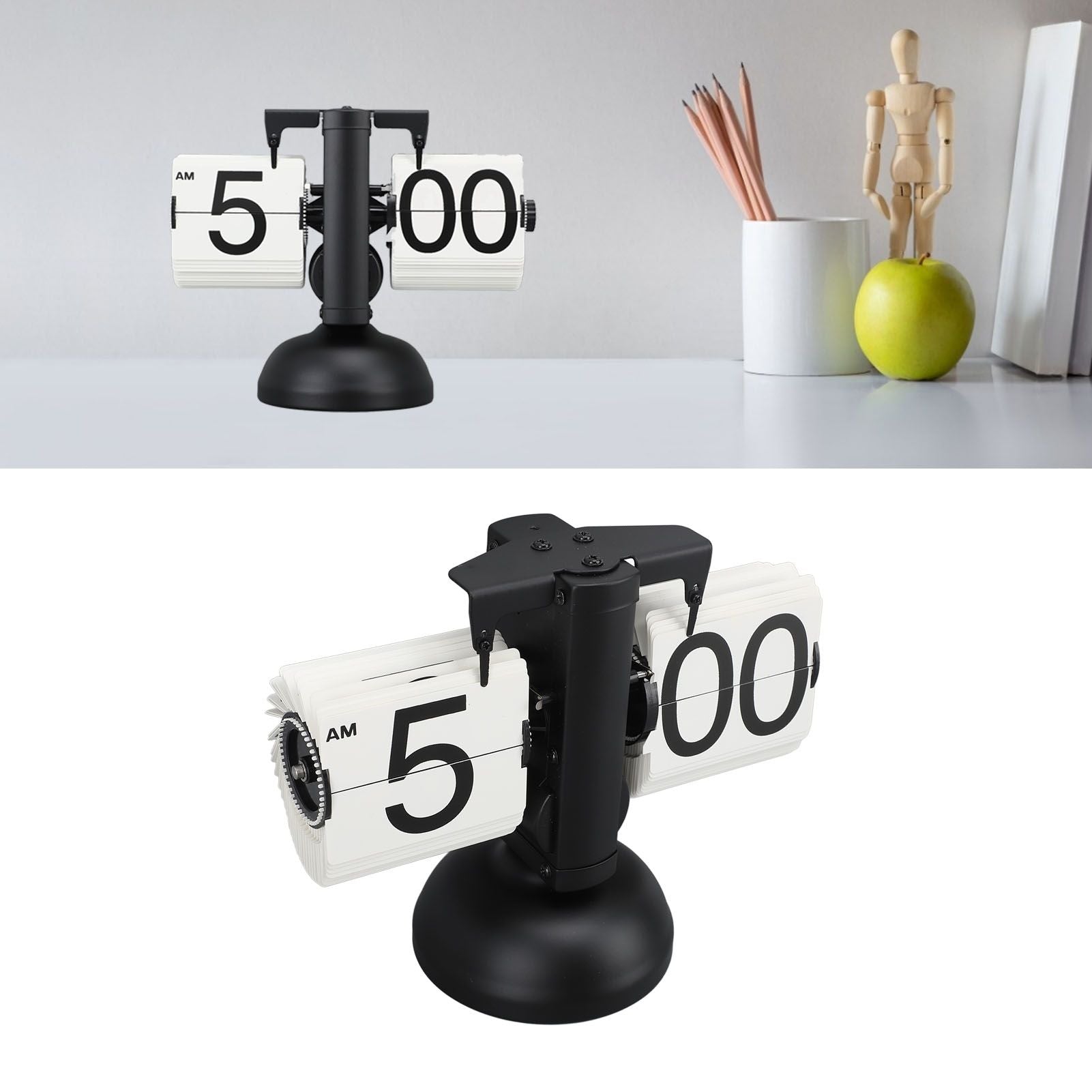 European Style Retro Digital Flip Down Clock 304 Stainless Steel Auto Mechanical Digital Flip Desk Clock for Home Livingroom 12 Hours Single Leg Black Frame White Page