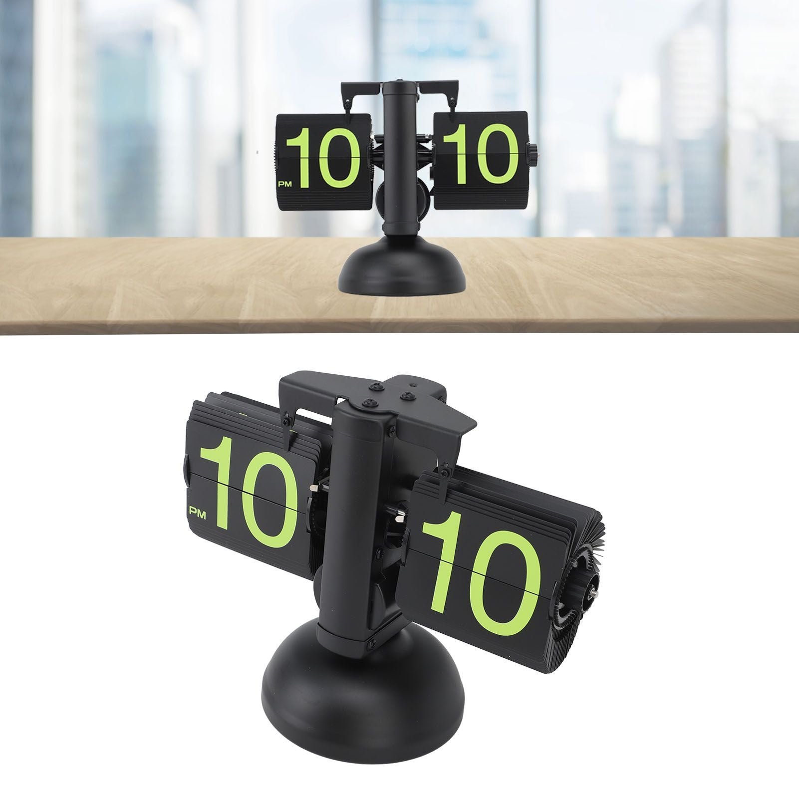 European Style Retro Digital Flip Down Clock 304 Stainless Steel Auto Mechanical Digital Flip Desk Clock for Home Livingroom 12 Hours Black Frame Green Number