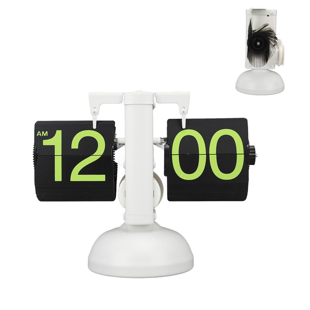 European Style Retro Digital Flip Down Clock 304 Stainless Steel Auto Mechanical Digital Flip Desk Clock for Home Livingroom 12 Hours White Frame Green Number