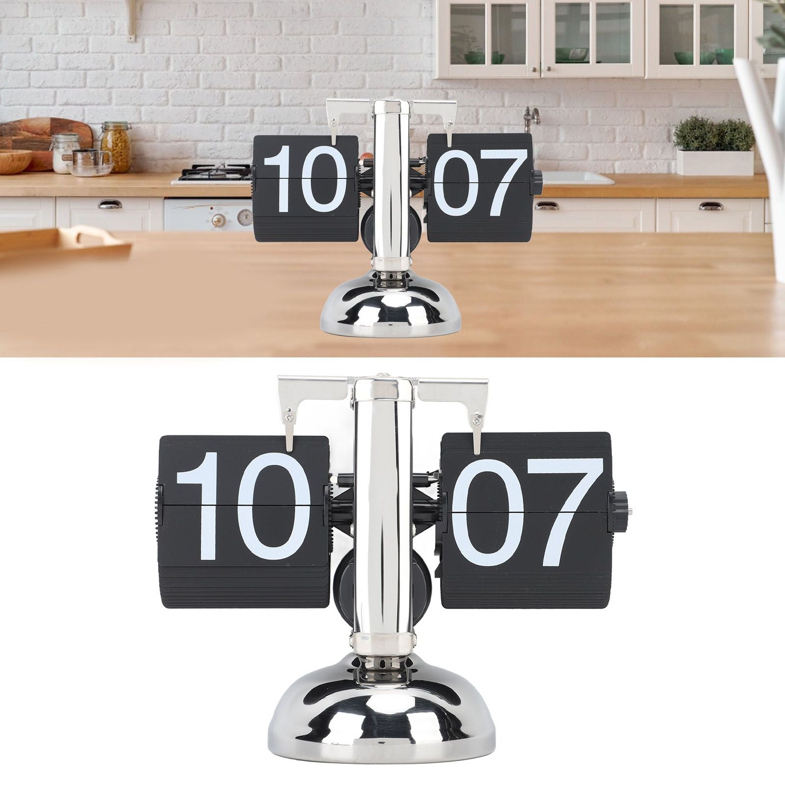 Flip Clock Large Number Battery Powered 304 Stainless Steel Tabletop Retro Flip Clock for Home Office 24 Hours Black Page
