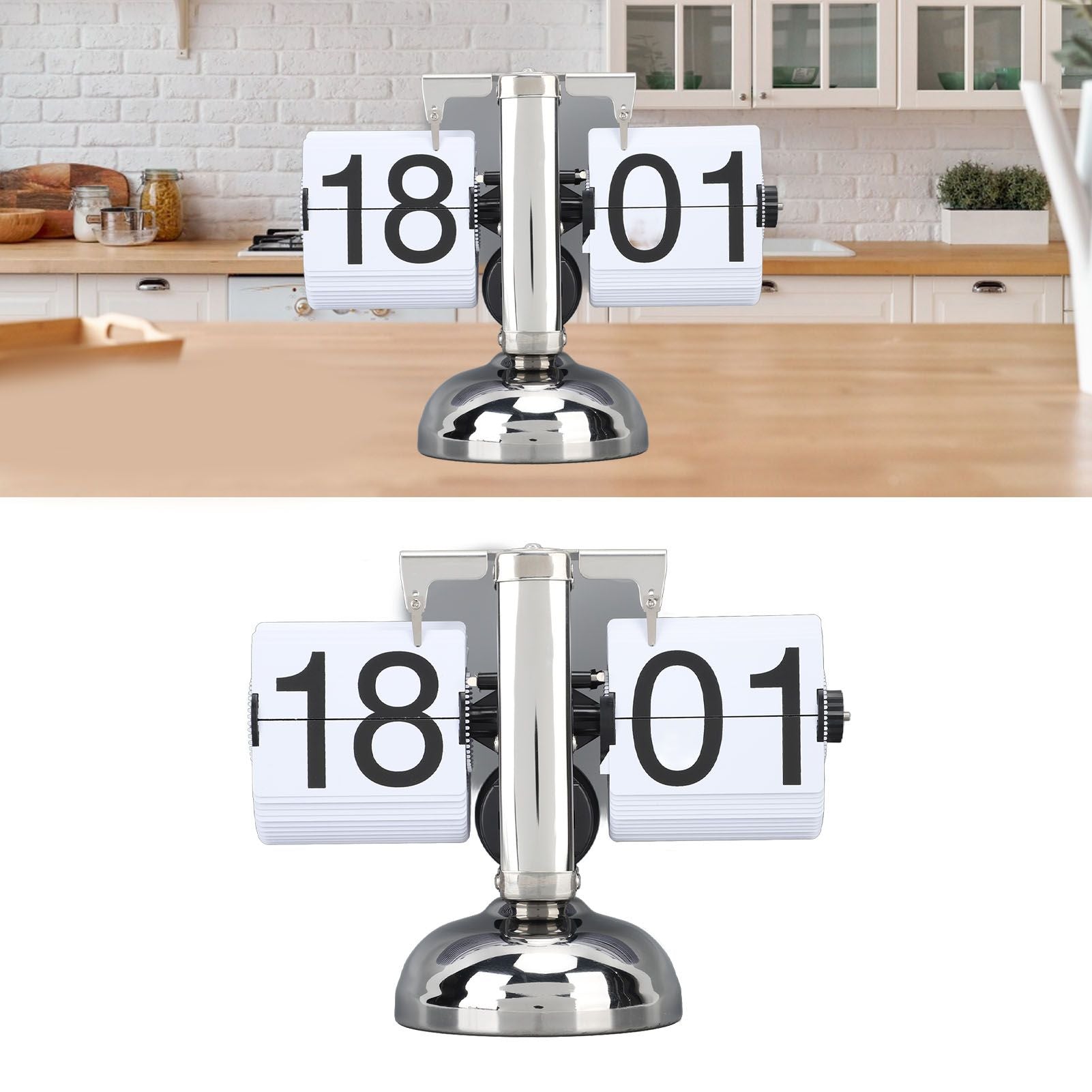 Flip Clock Large Number Battery Powered 304 Stainless Steel Tabletop Retro Flip Clock for Home Office 24 Hours White Page