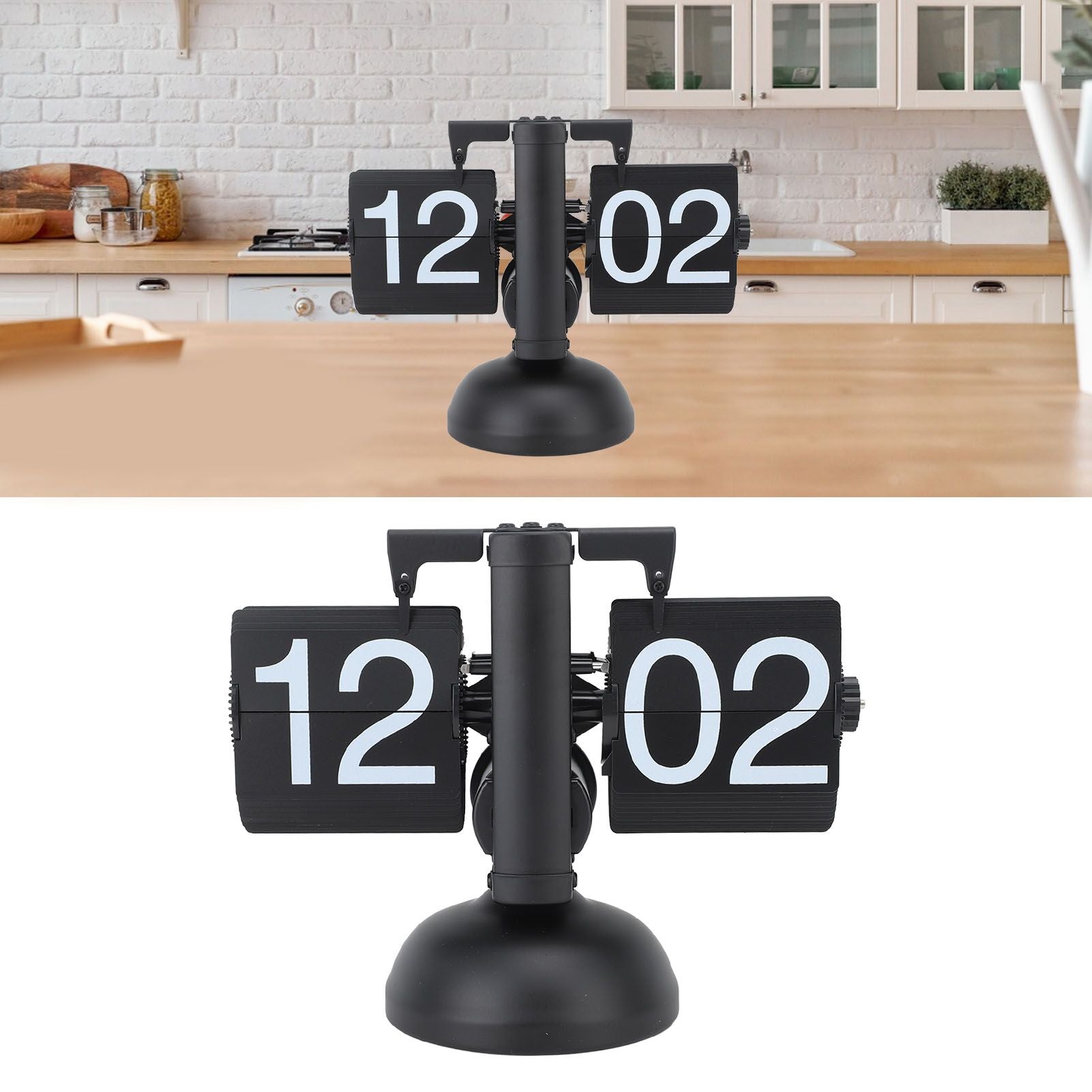 Flip Clock Large Number Battery Powered 304 Stainless Steel Tabletop Retro Flip Clock for Home Office 24 Hours All Black