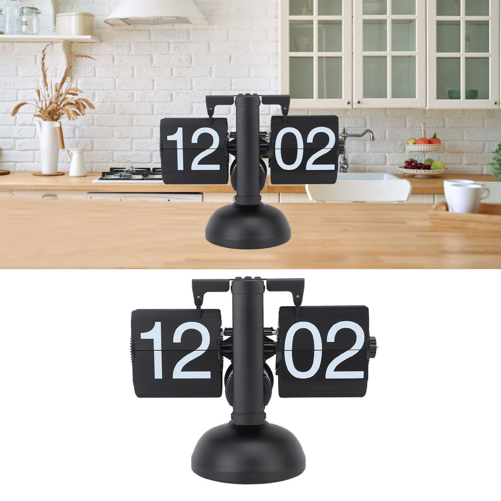 Flip Clock Large Number Battery Powered 304 Stainless Steel Tabletop Retro Flip Clock for Home Office 24 Hours All Black