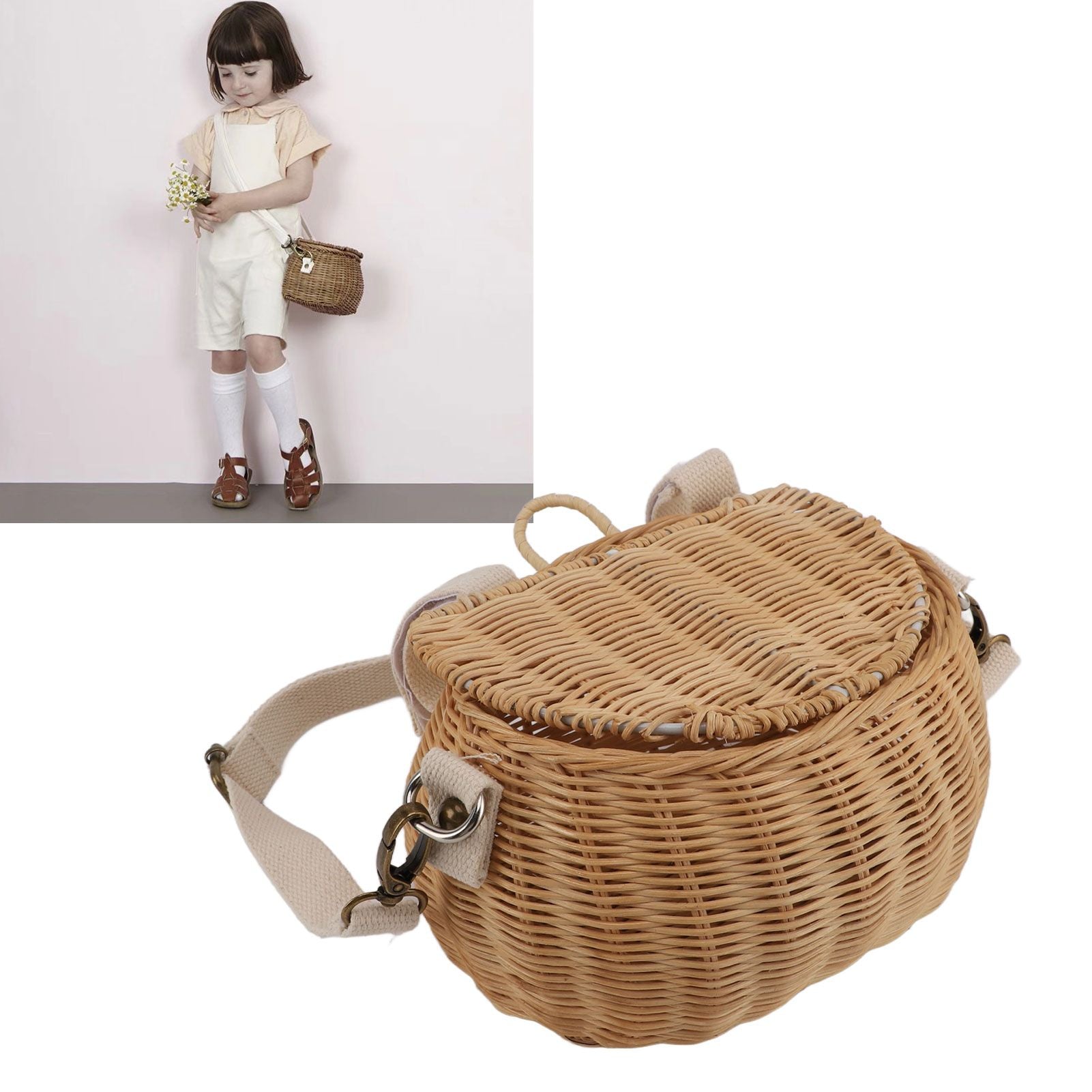 Kids Bike Basket Simple Lid Design Adjustable Strap Light Sturdy Kids Rattan Basket for Cycling School Travel