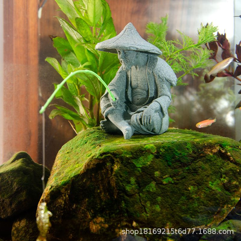Fisherman Ornament Resin Unique Light Gray Old Man Fishing Statues for Rock Garden Ecological Fish Tank Micro Landscape