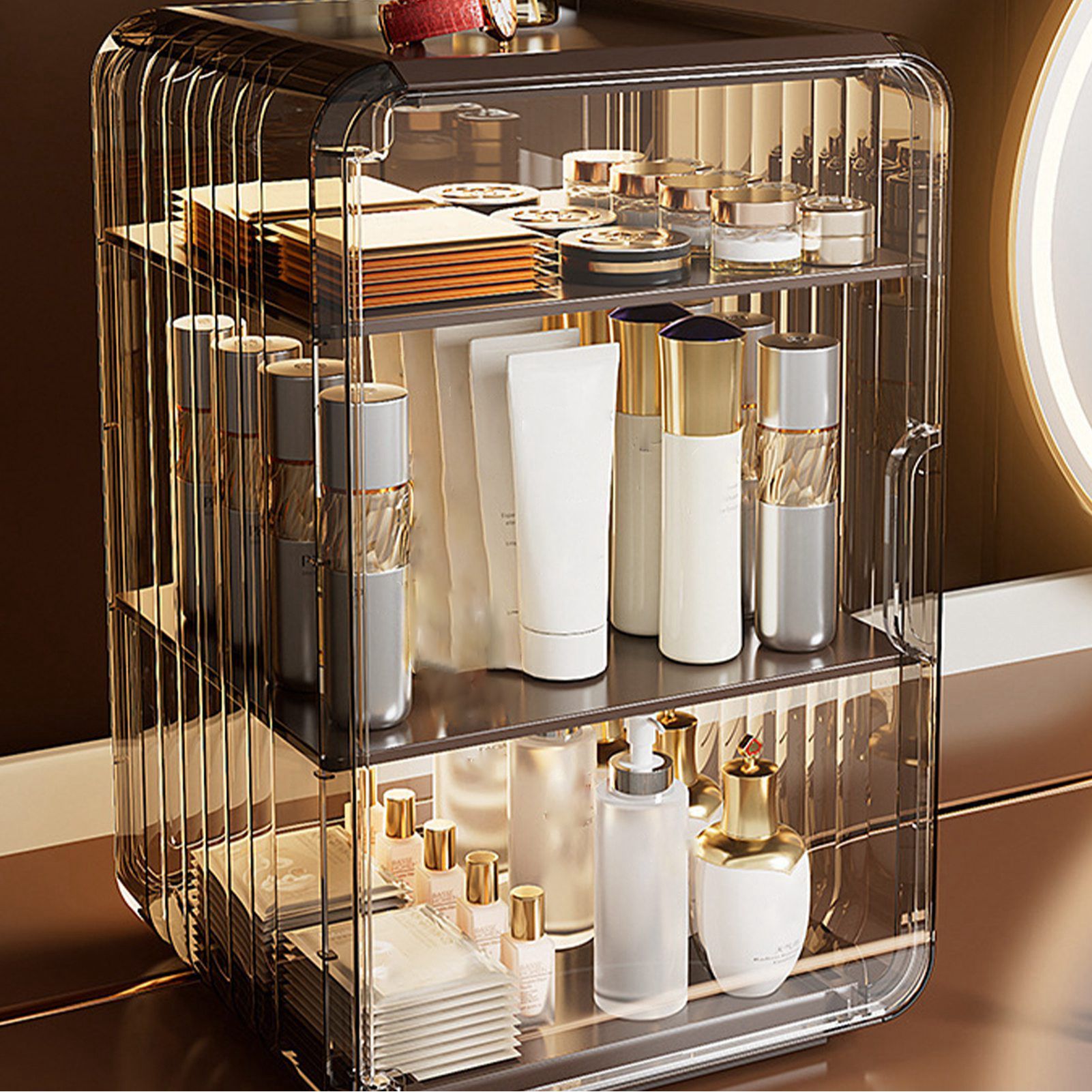 Acrylic Water Bottle Organizer Sturdy Dustproof Easy To Clean Water Bottle Storage Holder for Cabinet Desktop Large 3 Layer Brown