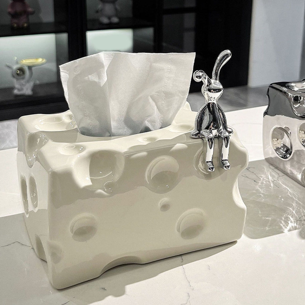 Tissue Box Cover Ceramic Rectangular Stylish Elegant Decorative Napkin Box Holder for Desktop Coffee Table Milky White