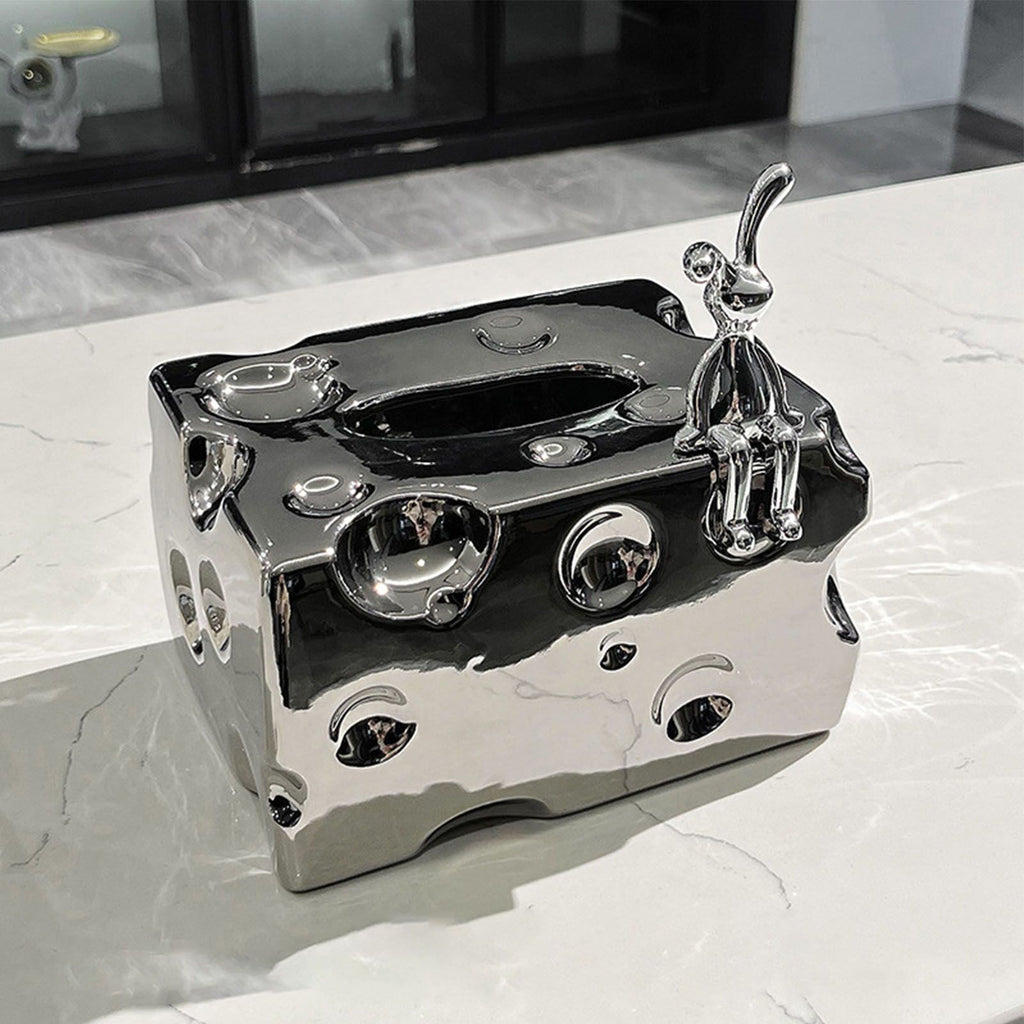 Tissue Box Cover Ceramic Rectangular Stylish Elegant Decorative Napkin Box Holder for Desktop Coffee Table Silver