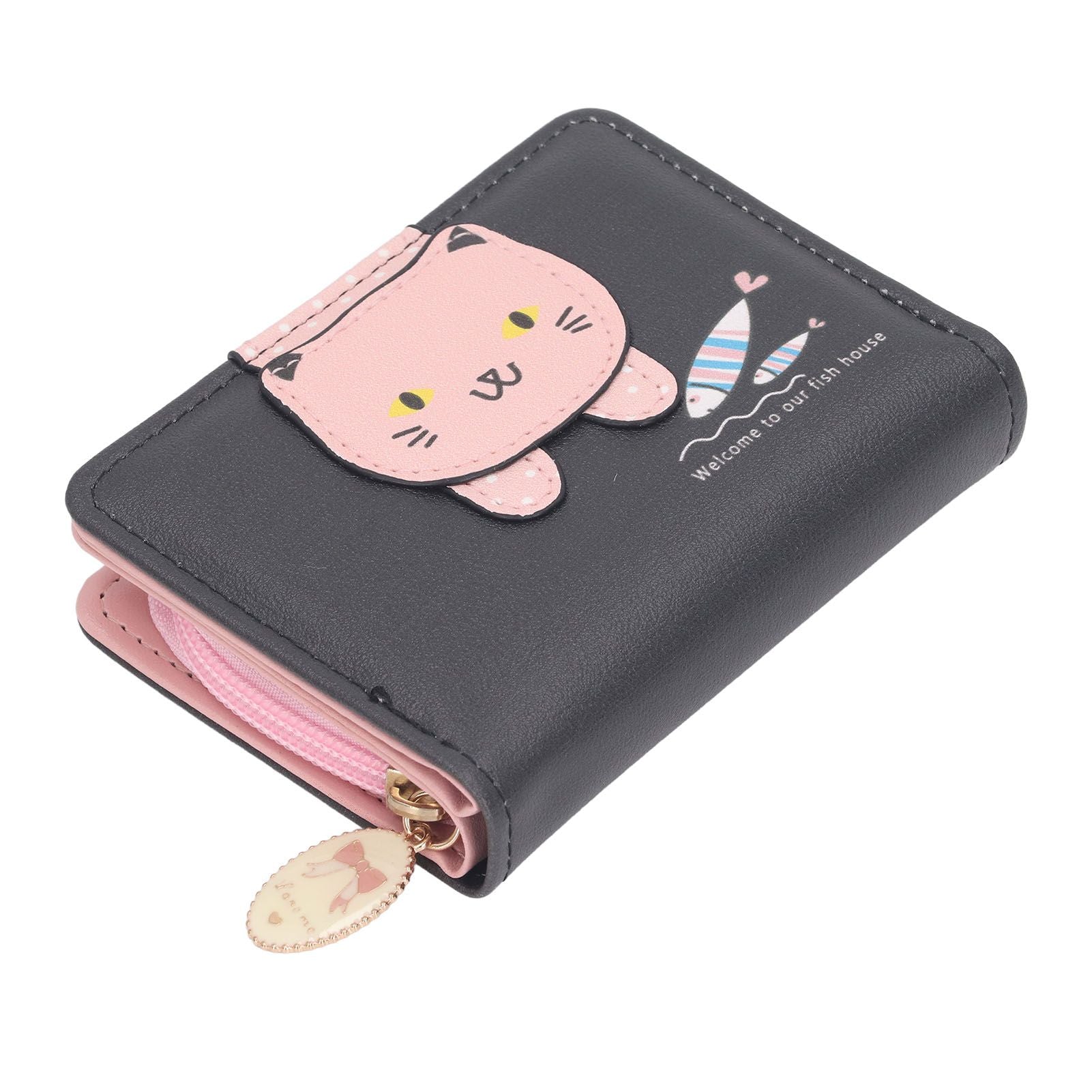 Female Korean Version Small PU Leather Coin Purse Student Cute Animal Change Bag Zipper Foldable Short Style Change Purse for Woman Girls Black