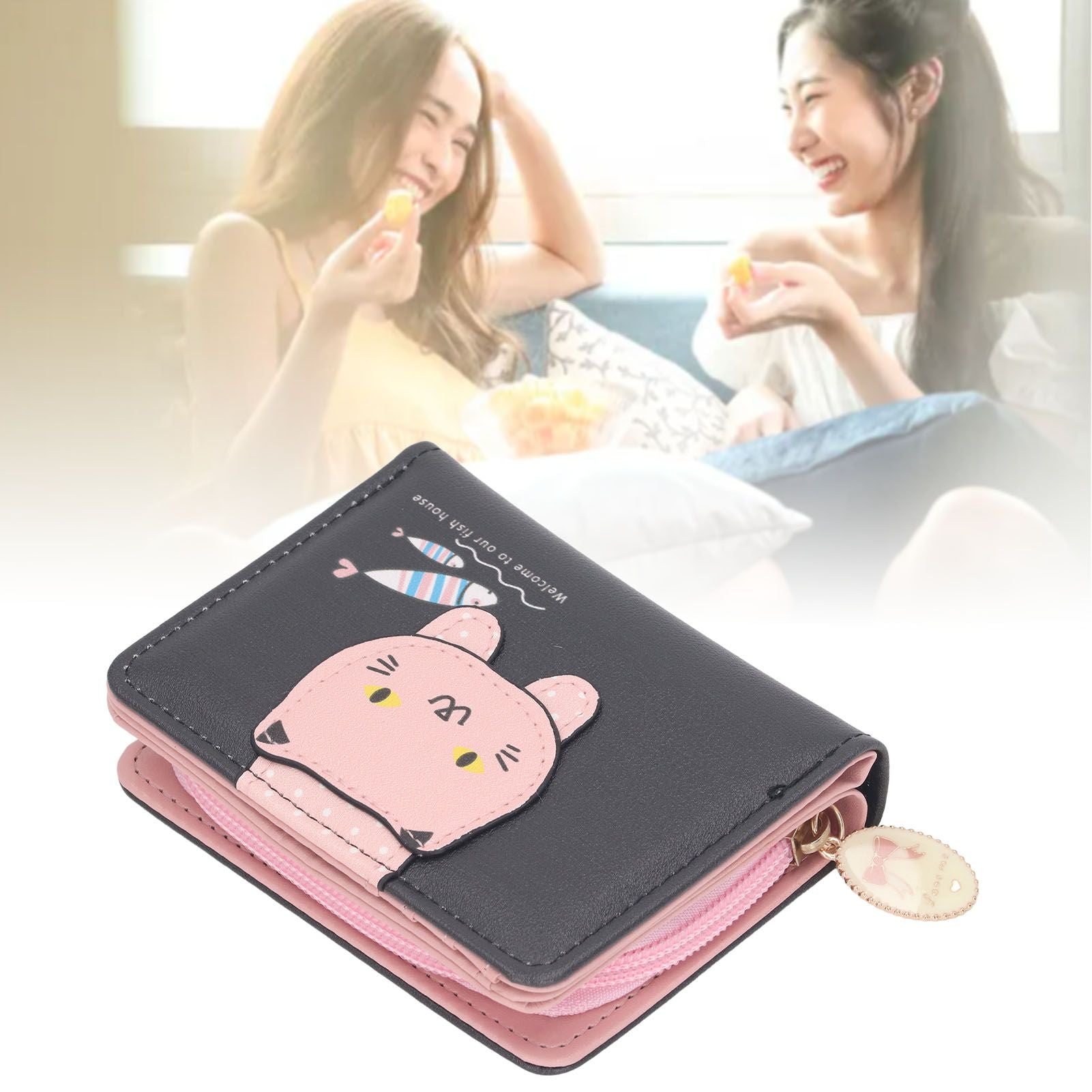 Female Korean Version Small PU Leather Coin Purse Student Cute Animal Change Bag Zipper Foldable Short Style Change Purse for Woman Girls Black