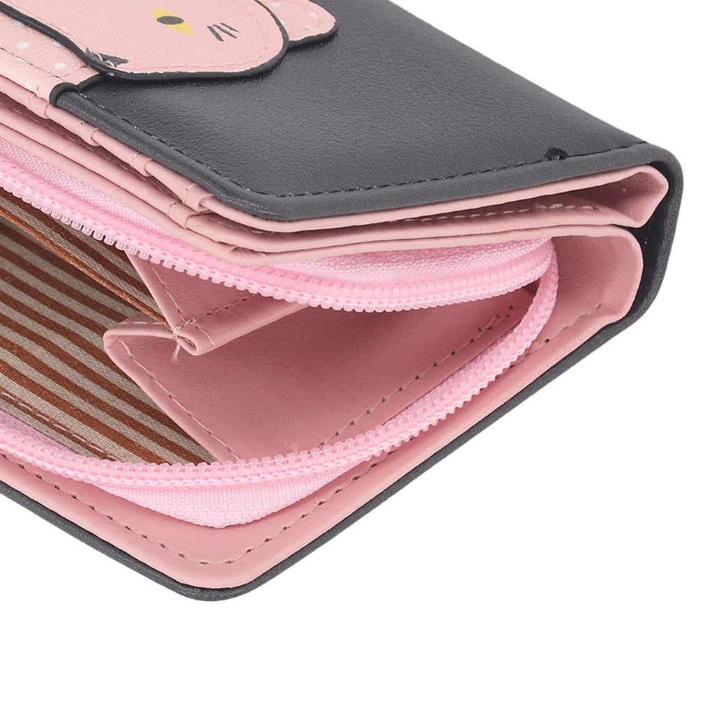 Female Korean Version Small PU Leather Coin Purse Student Cute Animal Change Bag Zipper Foldable Short Style Change Purse for Woman Girls Black