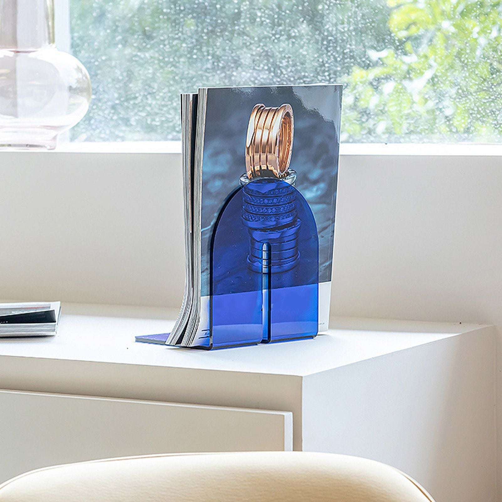 Acrylic Book End Thickened L Shape Bookend Stopper Desktop Book Organizer for Home Library Office Translucent Blue