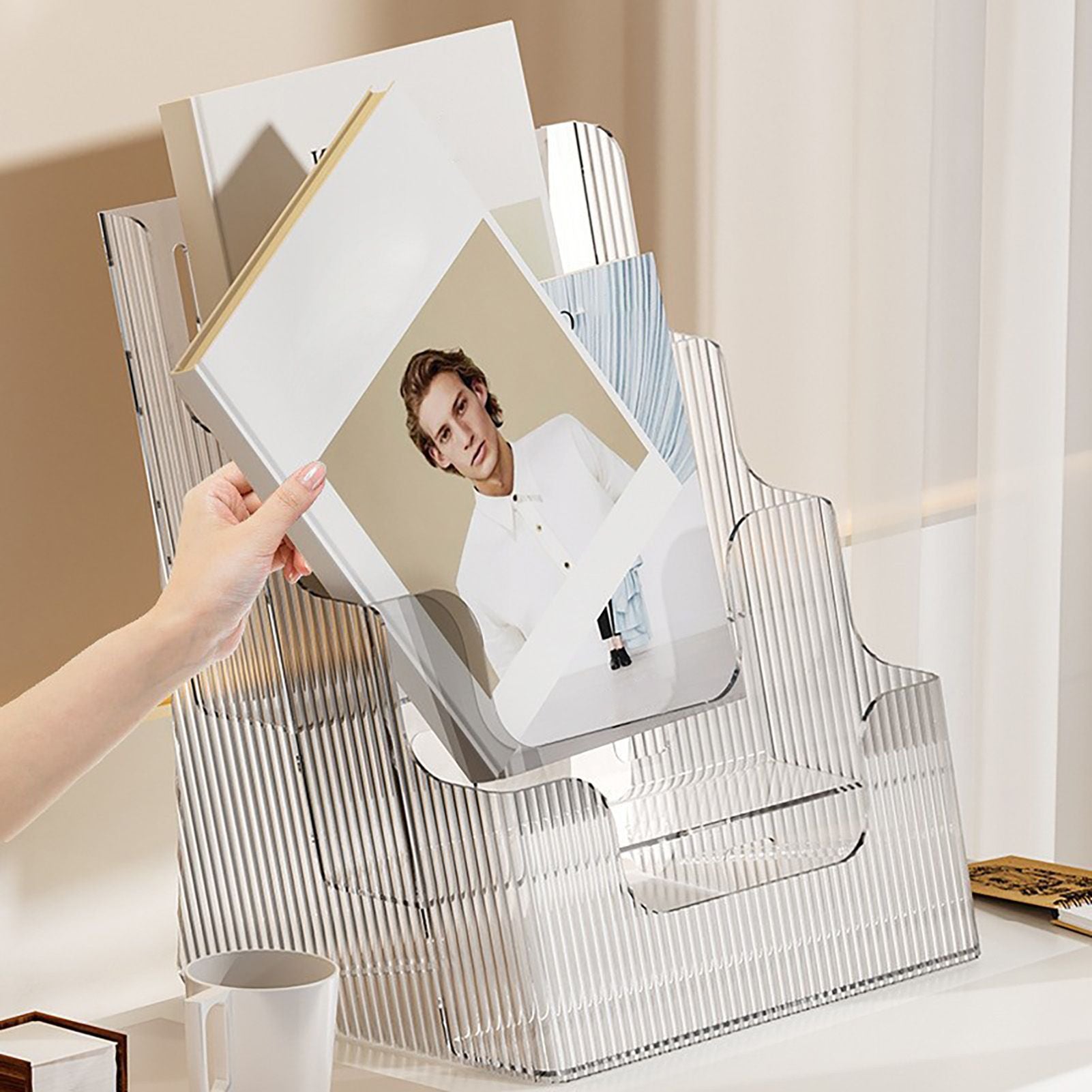 Multifunctional Book Organizer Desk File Organizer Multiple Layers File Folder Holder for Office Study Dormitory Transparent Grey