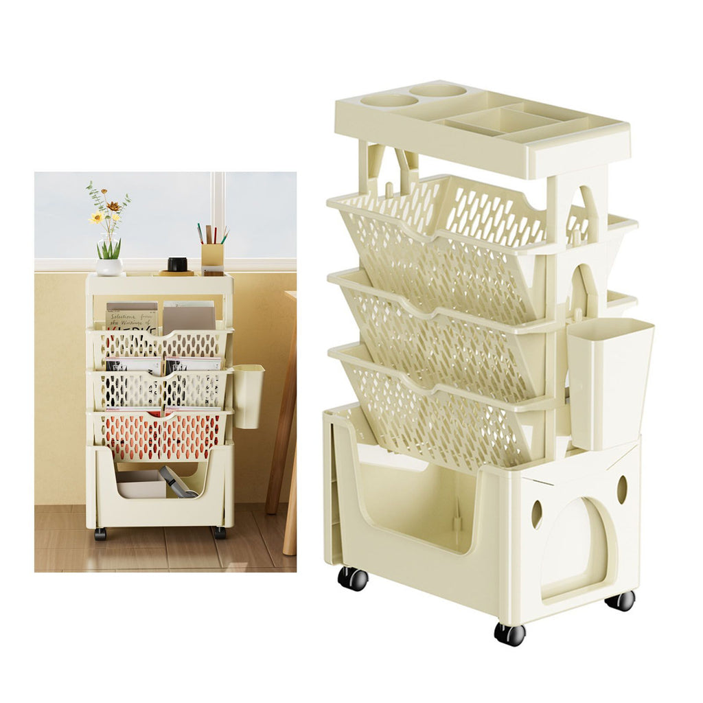 Rolling Mobile Bookshelf with Wheels 5 Tiers Large Capacity Strong Load Bearing Capacity Utility Cart for Study Kitchen Khaki