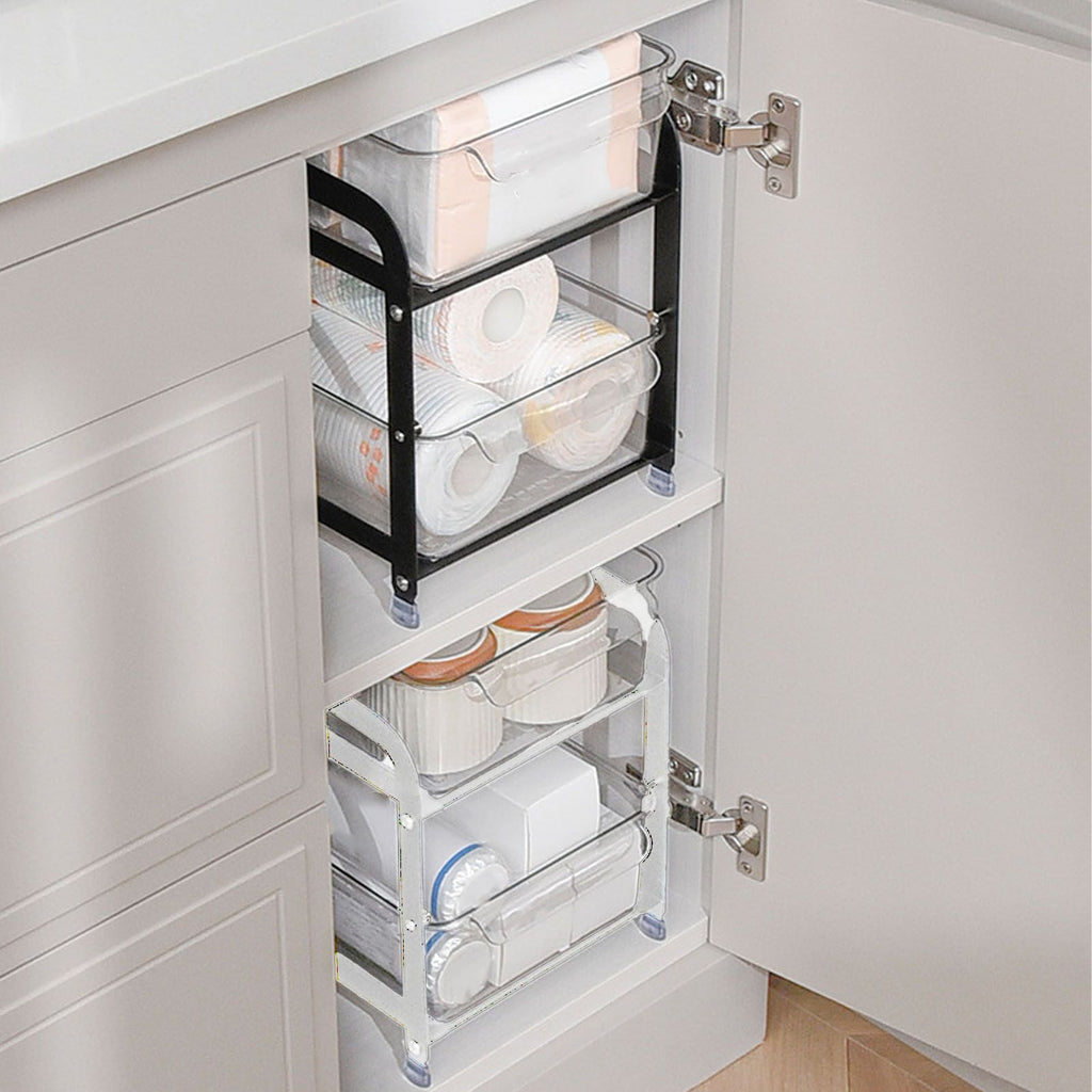 Cup Storage Organizer Shelf 2 Tier Pull Out Countertop Organizer Multifunctional Desktop Storage Rack for Home Office White