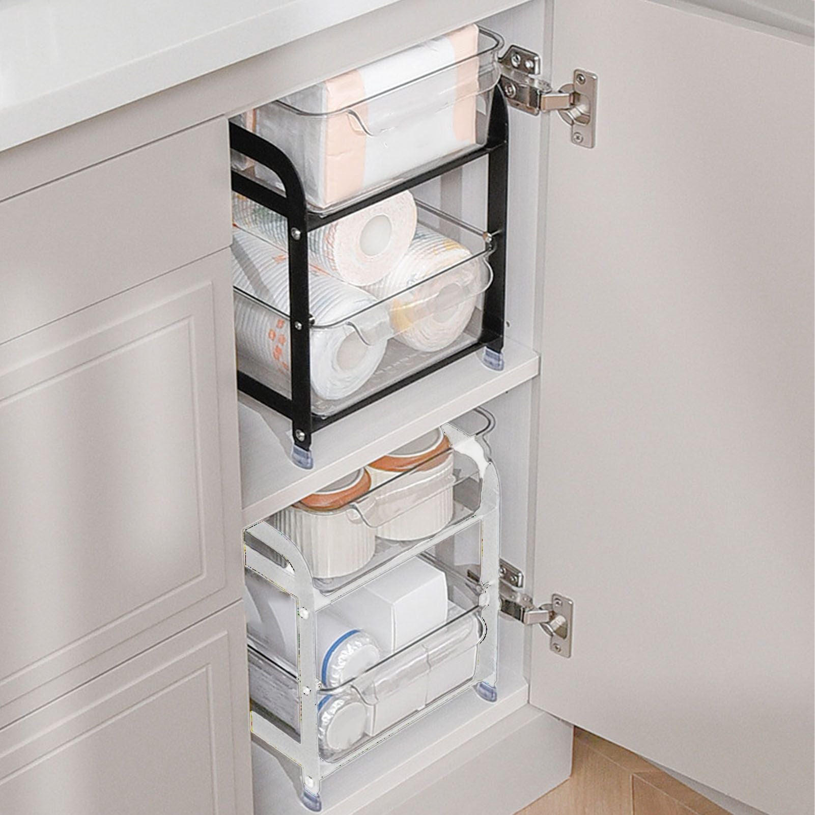 Cup Storage Organizer Shelf 2 Tier Pull Out Countertop Organizer Multifunctional Desktop Storage Rack for Home Office White