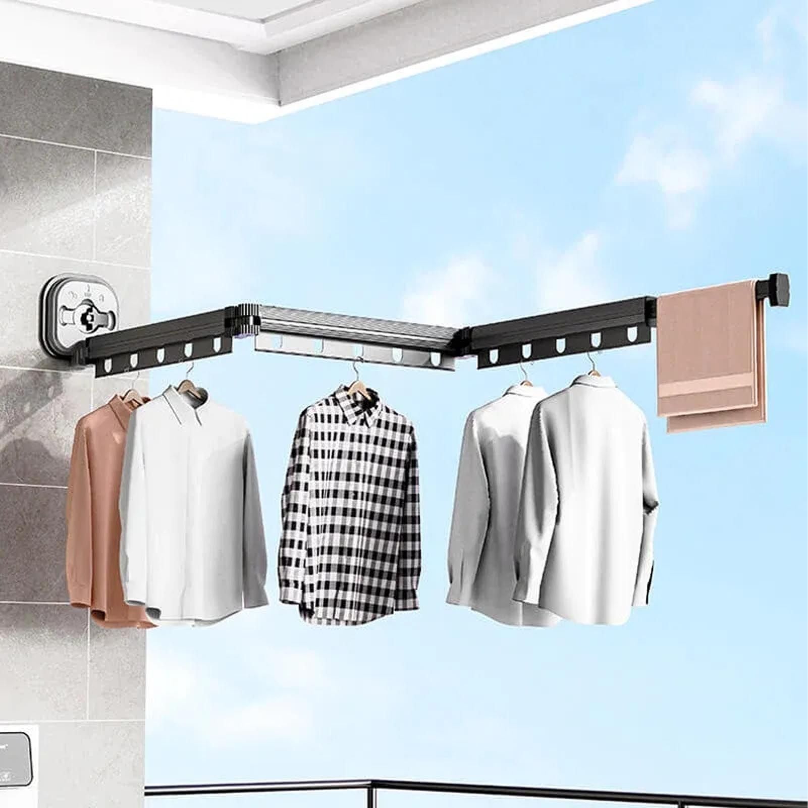 Wall Mounted Clothes Drying Rack Space Saving Laundry Clothes Rack Retractable Dryer Collapsible for Balcony Laundry Punch Free Tri Fold Grey